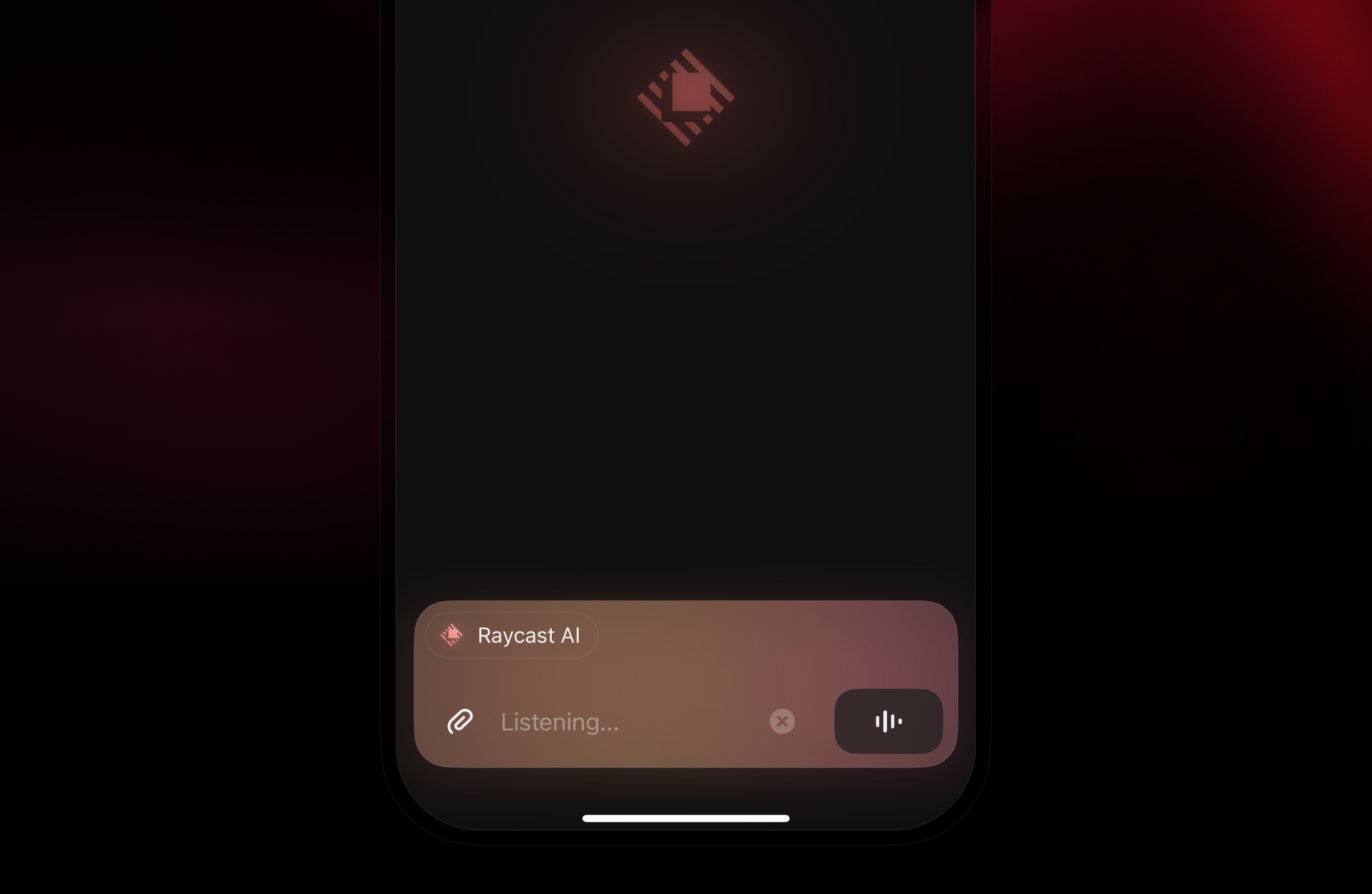 Dictation listening in the Raycast iOS app, with the Raycast AI Dynamic Island activity at the bottom of the screen
