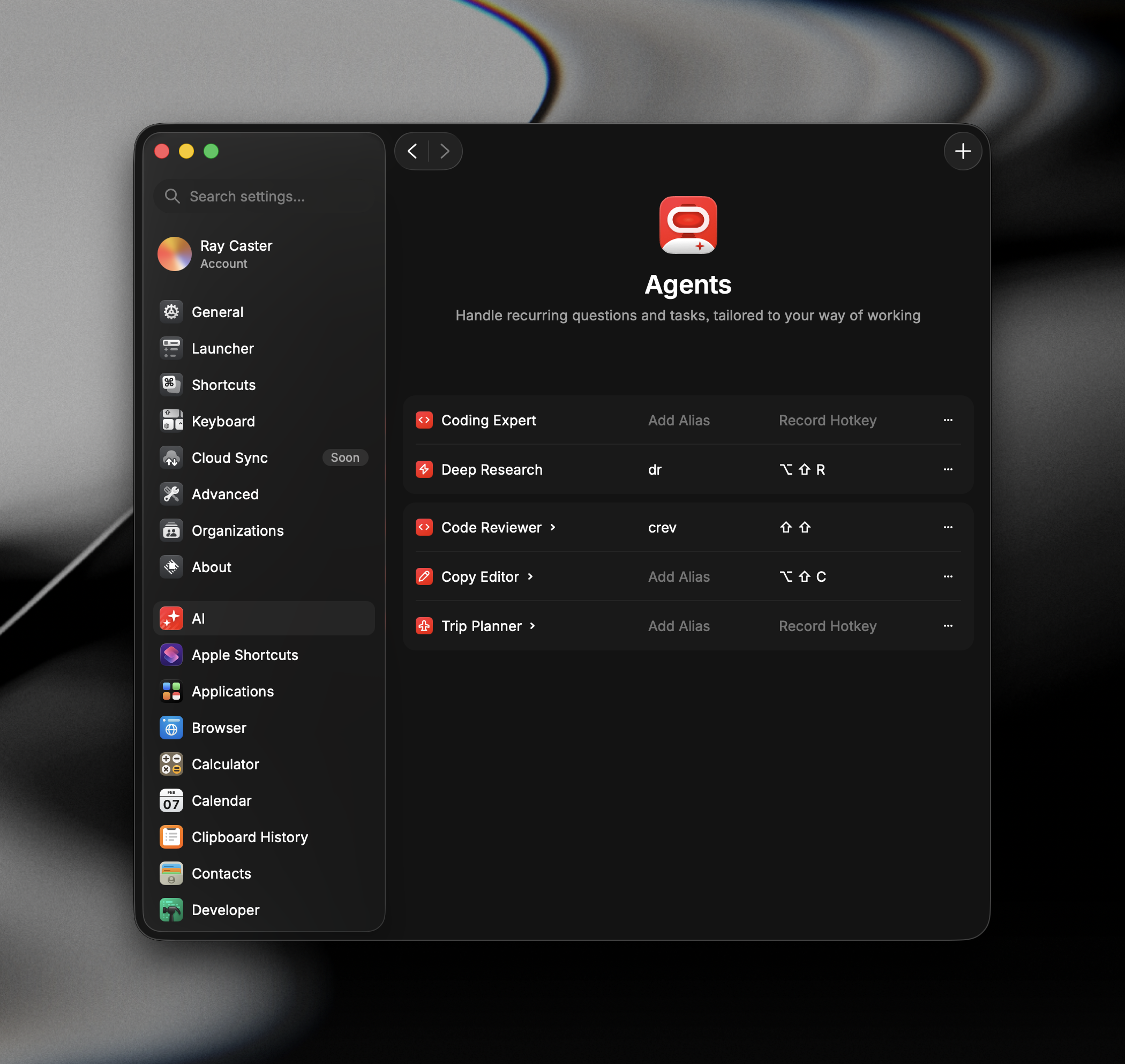 The Agents settings page in Raycast, showing built-in and custom Agents