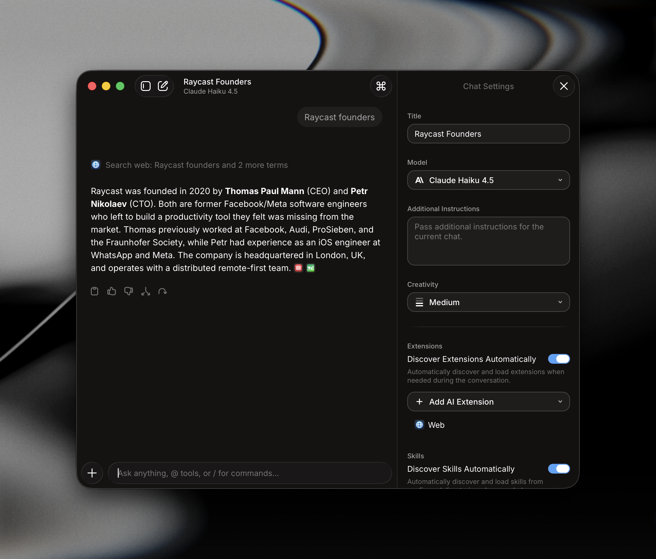 AI Chat workspace in Raycast