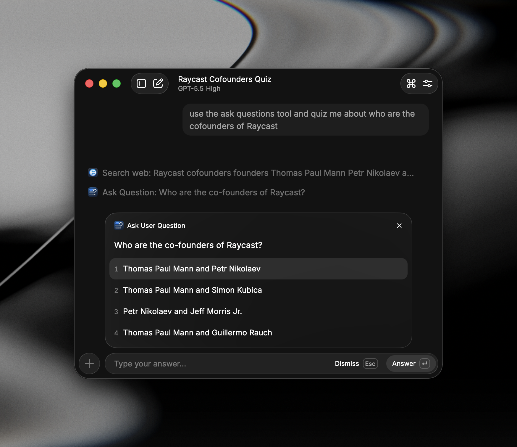 Raycast AI pausing to ask a multiple-choice question about Raycast's co-founders