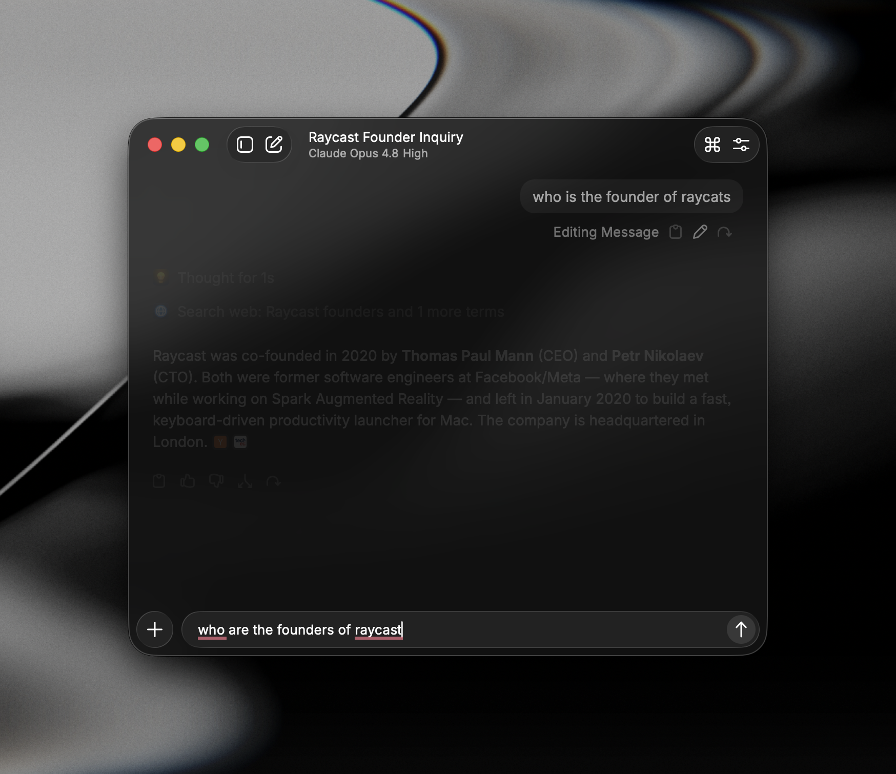 Editing a previously sent message in AI Chat, with the edit (pencil) action revealed and the Editing Message state shown