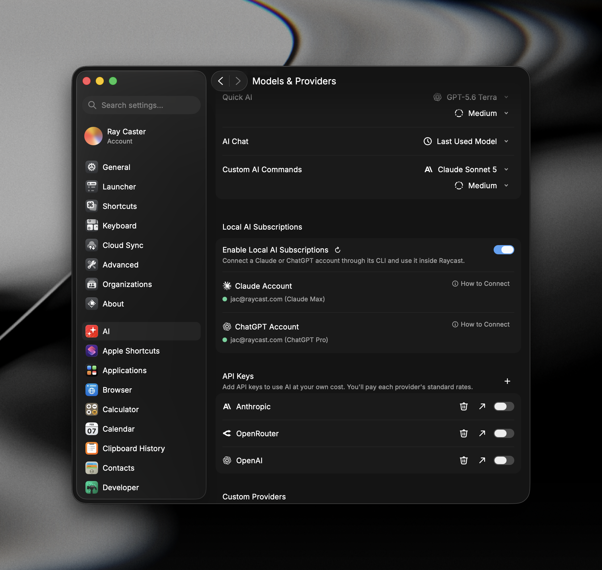 The Local AI Subscriptions section in Raycast's AI settings, with Enable Local AI Subscriptions turned on and connected Claude and ChatGPT accounts
