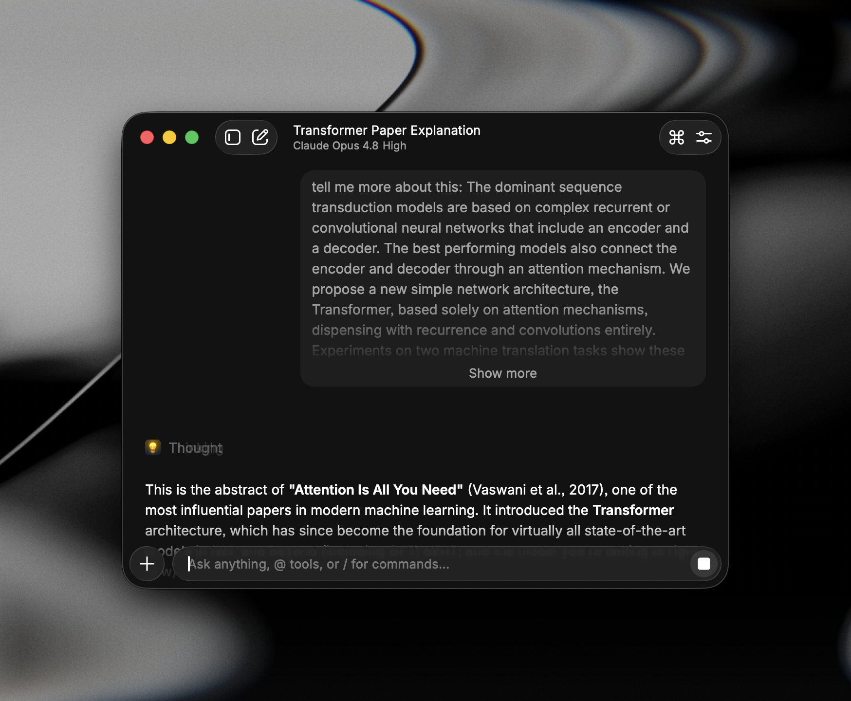 A long message collapsed in a Raycast AI conversation with a Show more control