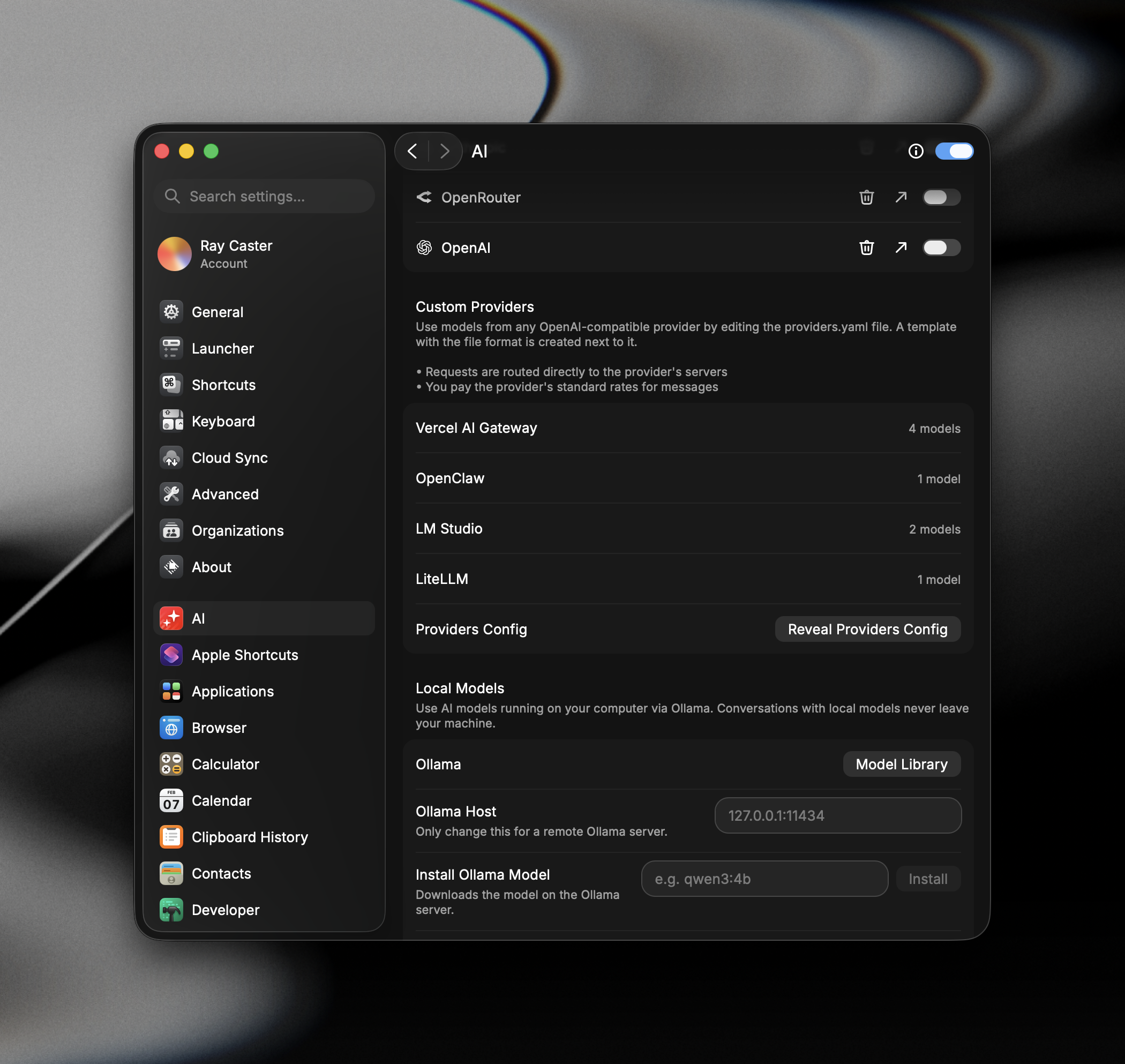 The Custom Providers section in Raycast's AI settings, listing Vercel AI Gateway, OpenClaw, LM Studio, and LiteLLM with their model counts