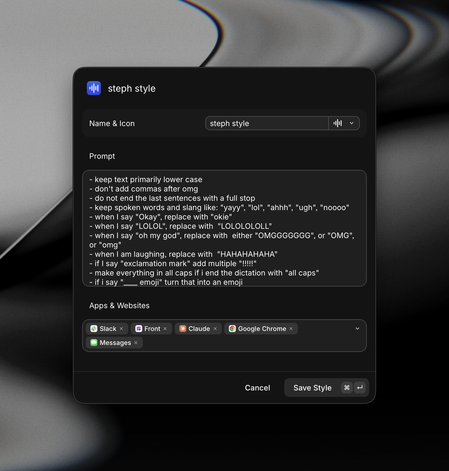 The Create Style dialog with a custom style named 'steph style', a prompt with formatting rules, and a list of apps and websites it applies to