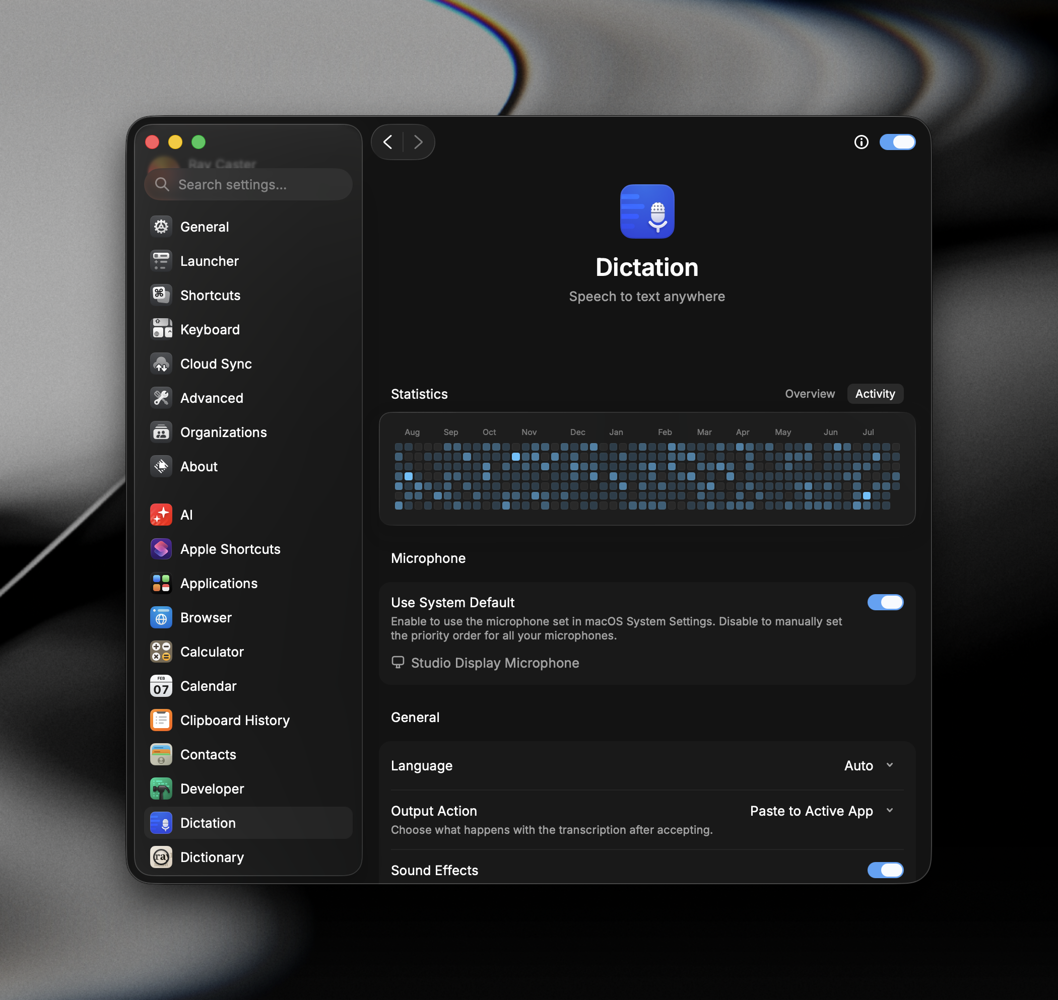 Settings open on the Dictation pane, showing activity graph