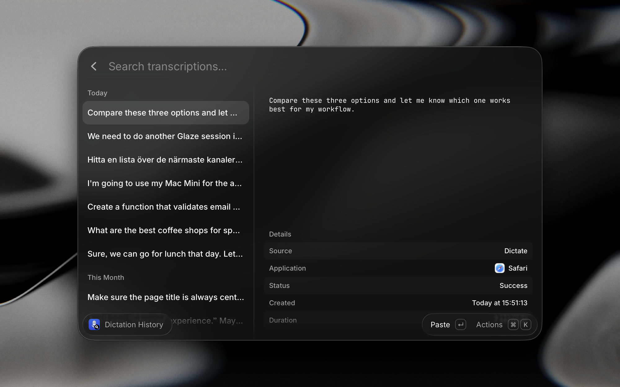 The Dictation History command in Raycast