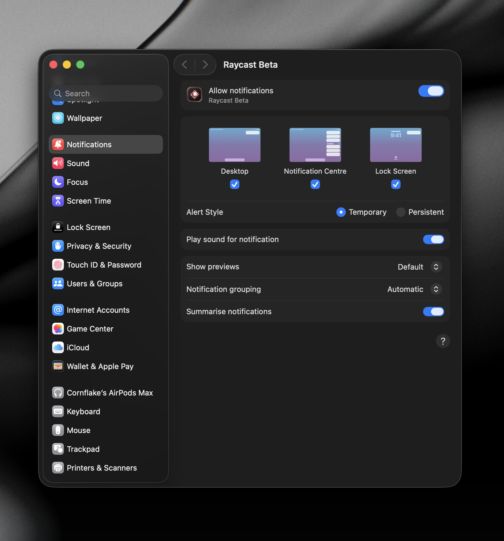 Raycast's notification permission in macOS System Settings → Notifications
