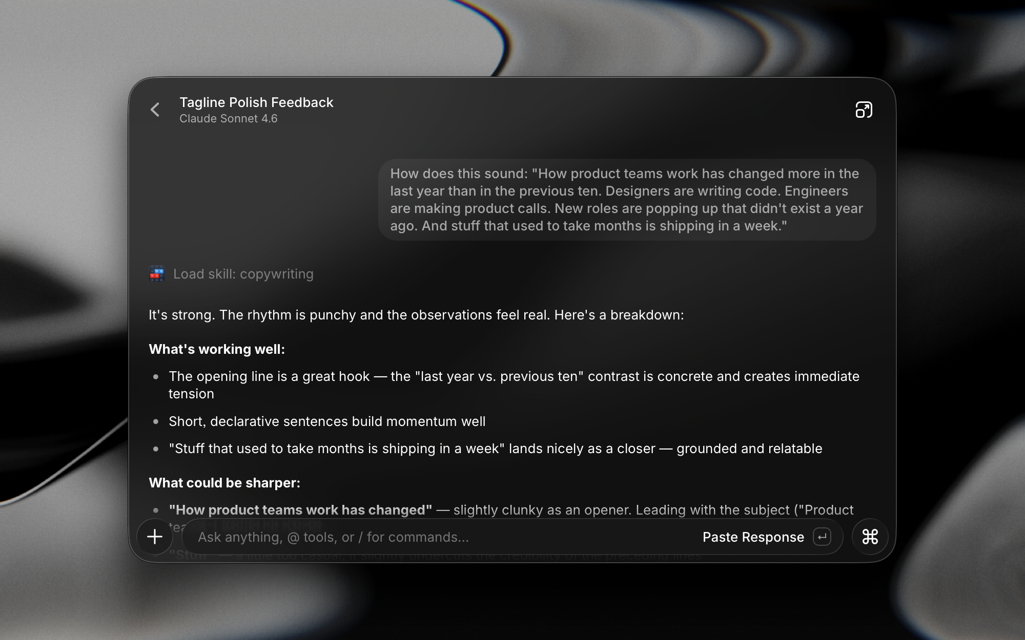 Quick AI loading a skill called 'copywriting' to answer a tagline question