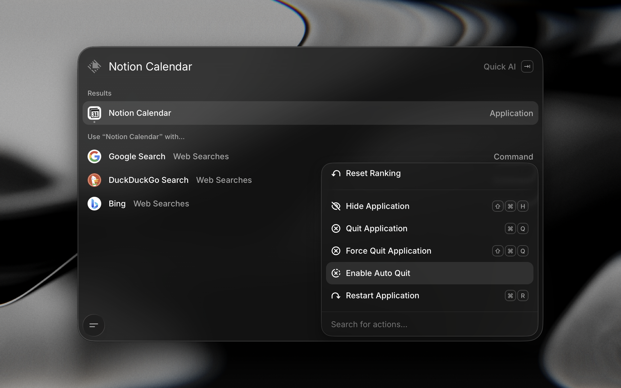 Raycast Root Search showing Notion Calendar with the Action Panel open and Enable Auto Quit highlighted
