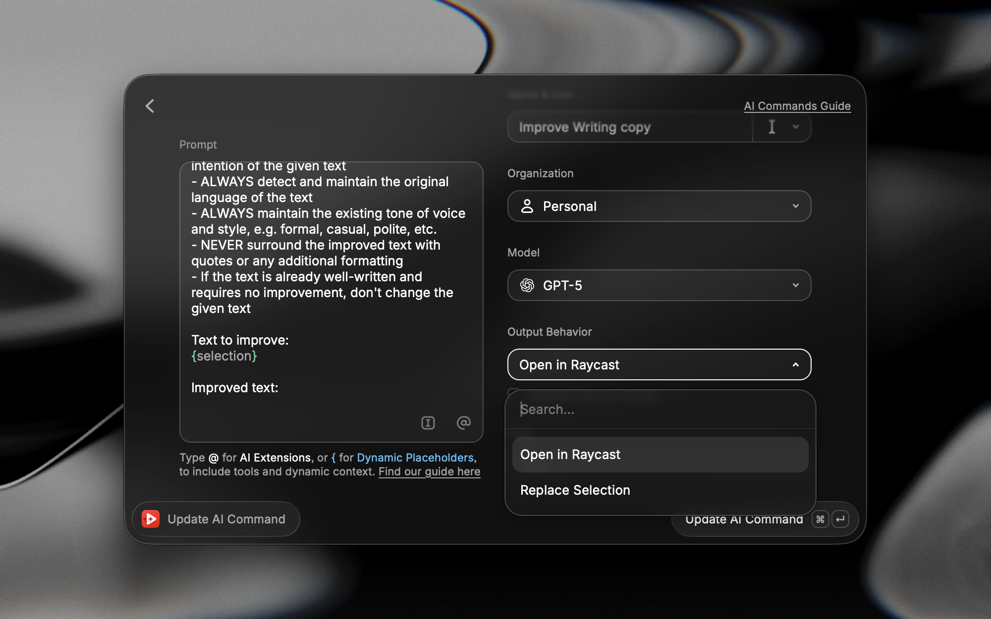 The Create AI Command form with the Output Behavior menu open, showing the Open in Raycast and Replace Selection options