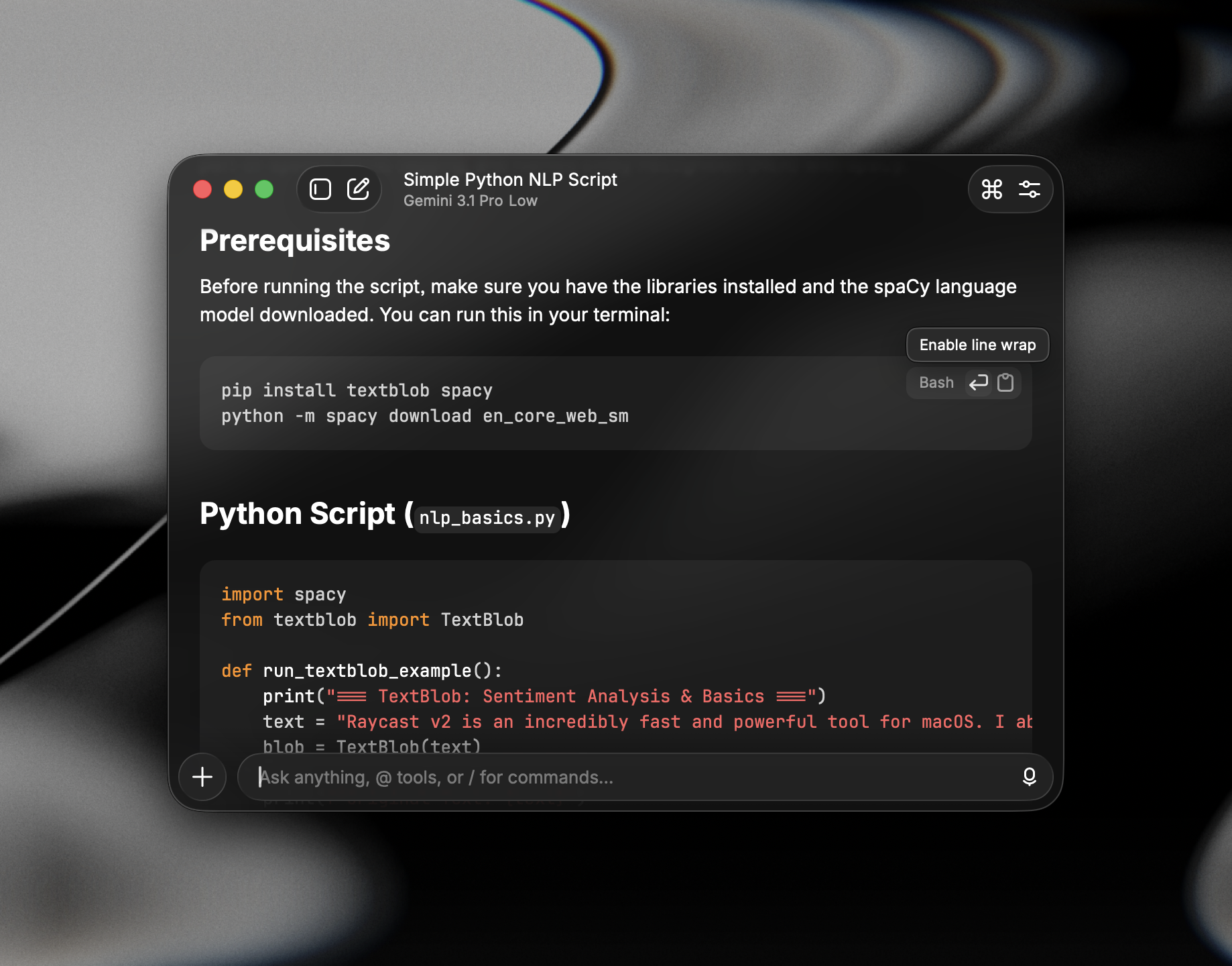 Enable line wrap button in an AI Chat code block