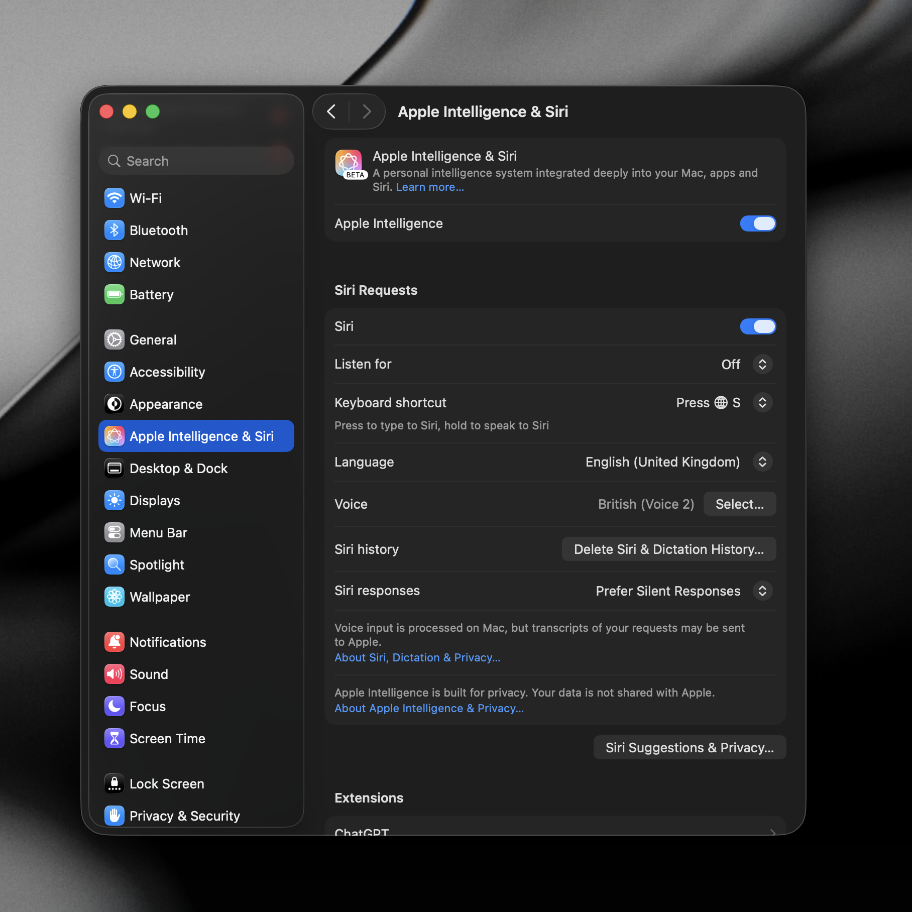 Screenshot of System Settings showing the Apple Intelligence & Siri keyboard shortcut setting