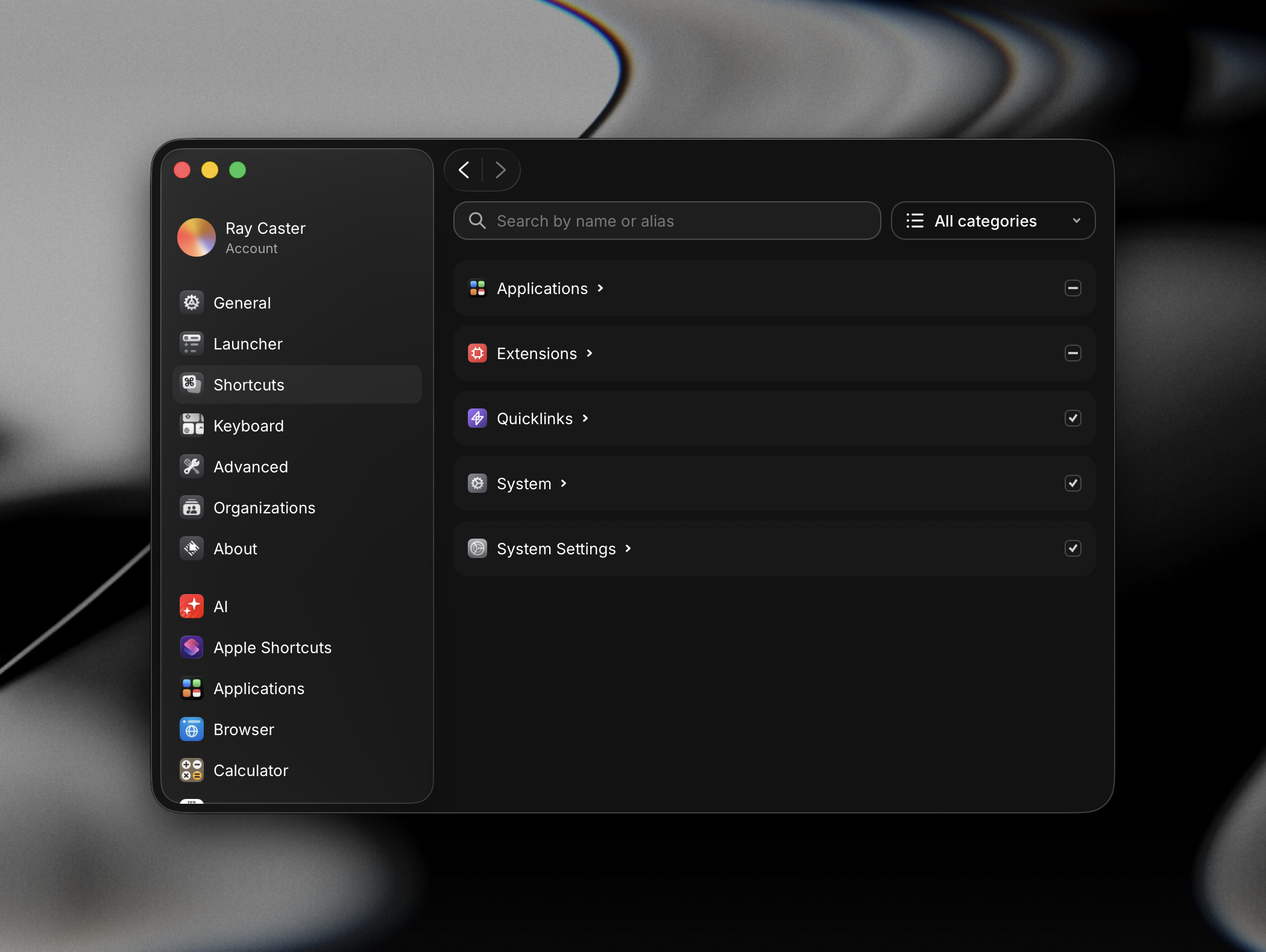 Shortcuts settings