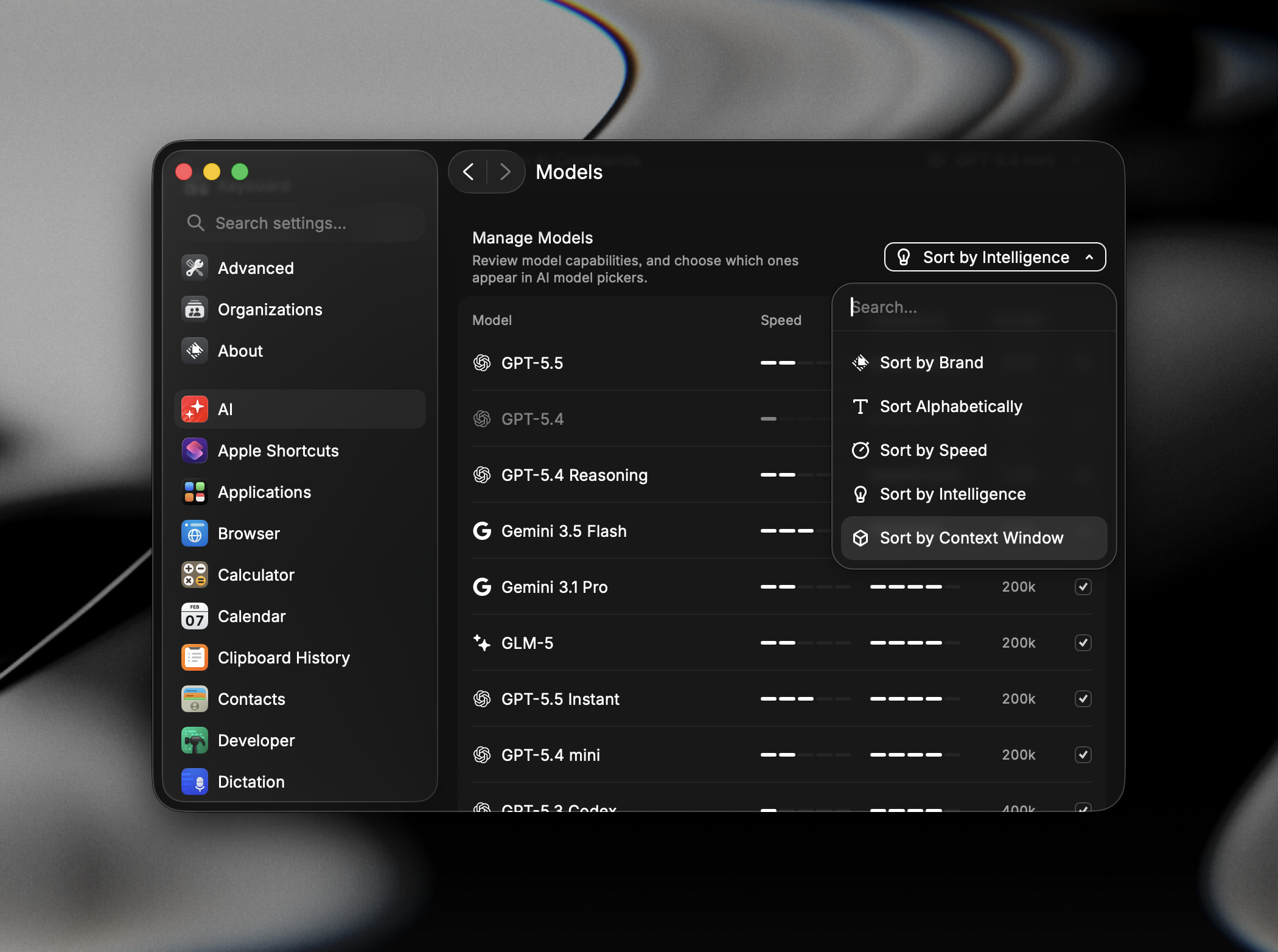 Sort menu in Manage Models