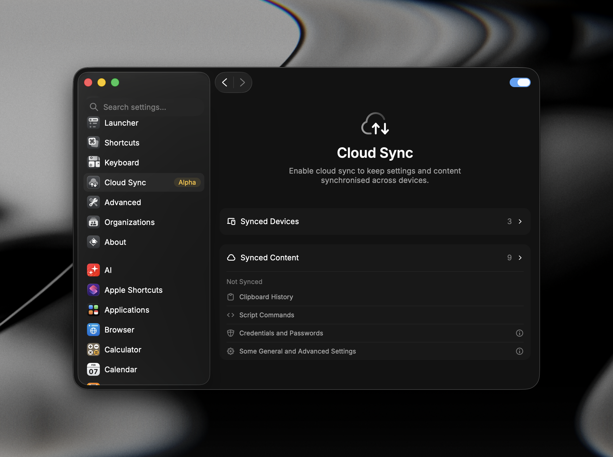 The Cloud Sync settings tab with sync enabled, showing Synced Devices, Synced Content, and the items that are not synced