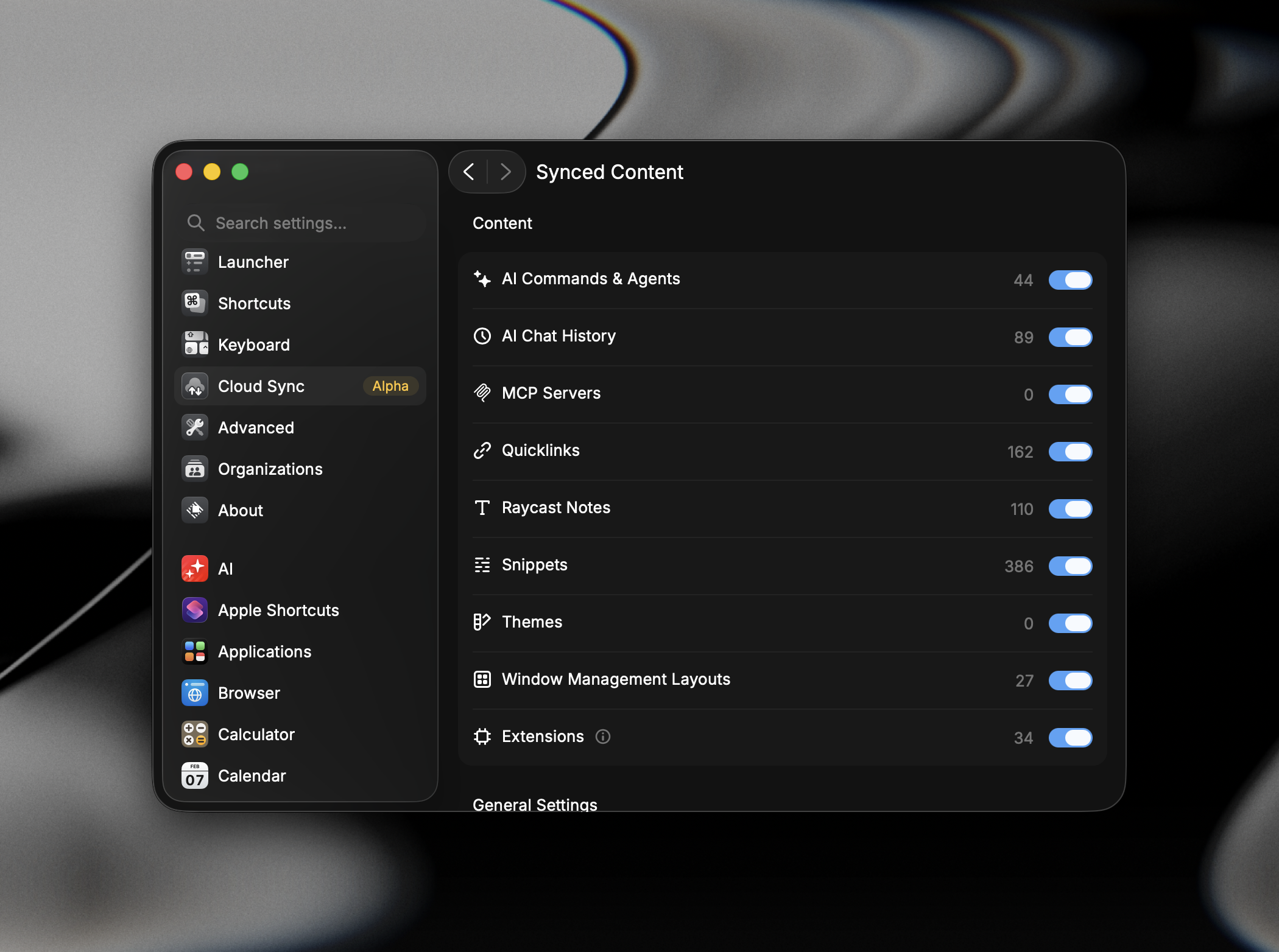 The Synced Content screen listing each category with its item count and sync toggle