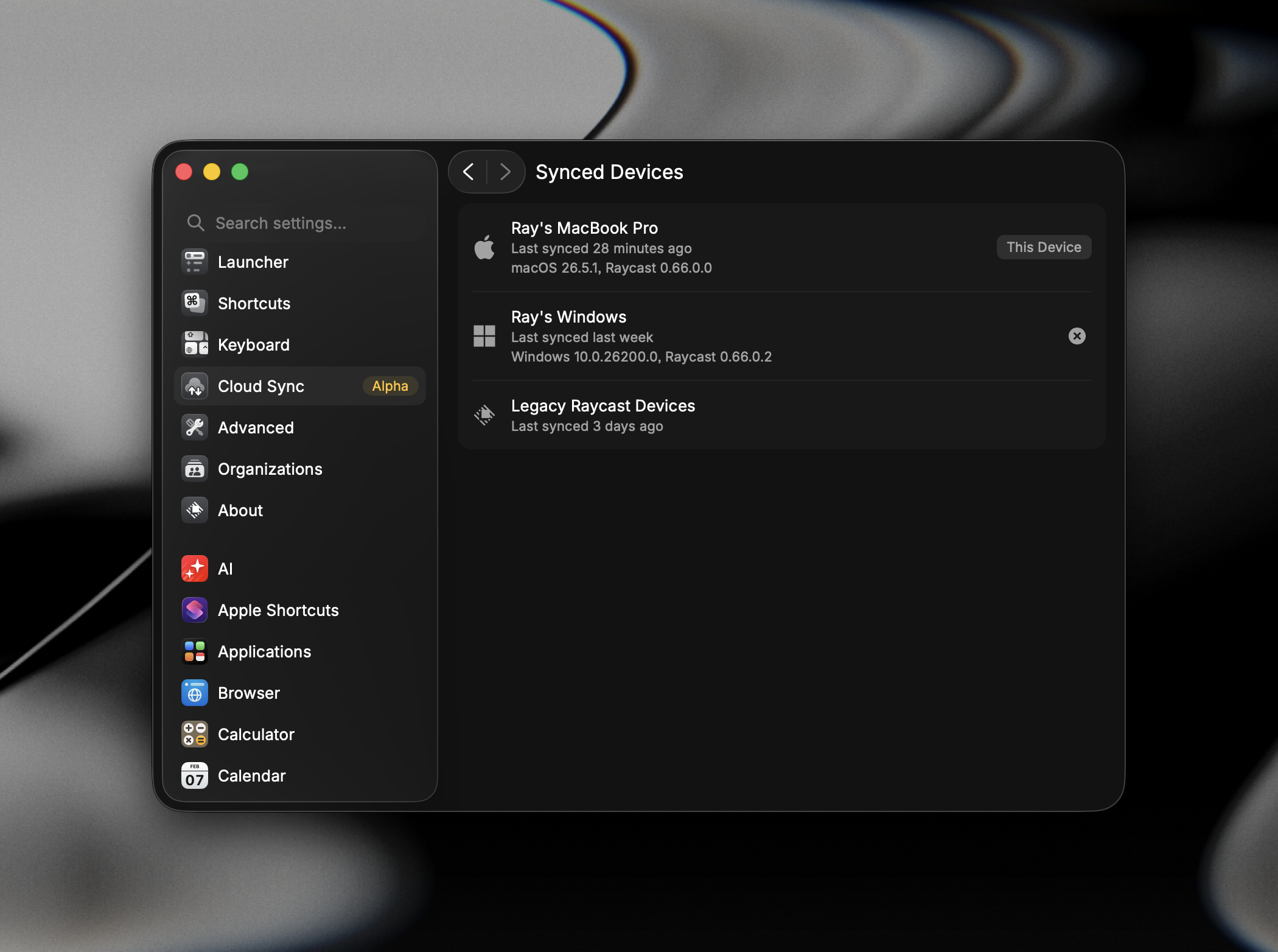 The Synced Devices screen listing each connected device with its platform, app version, and last sync time
