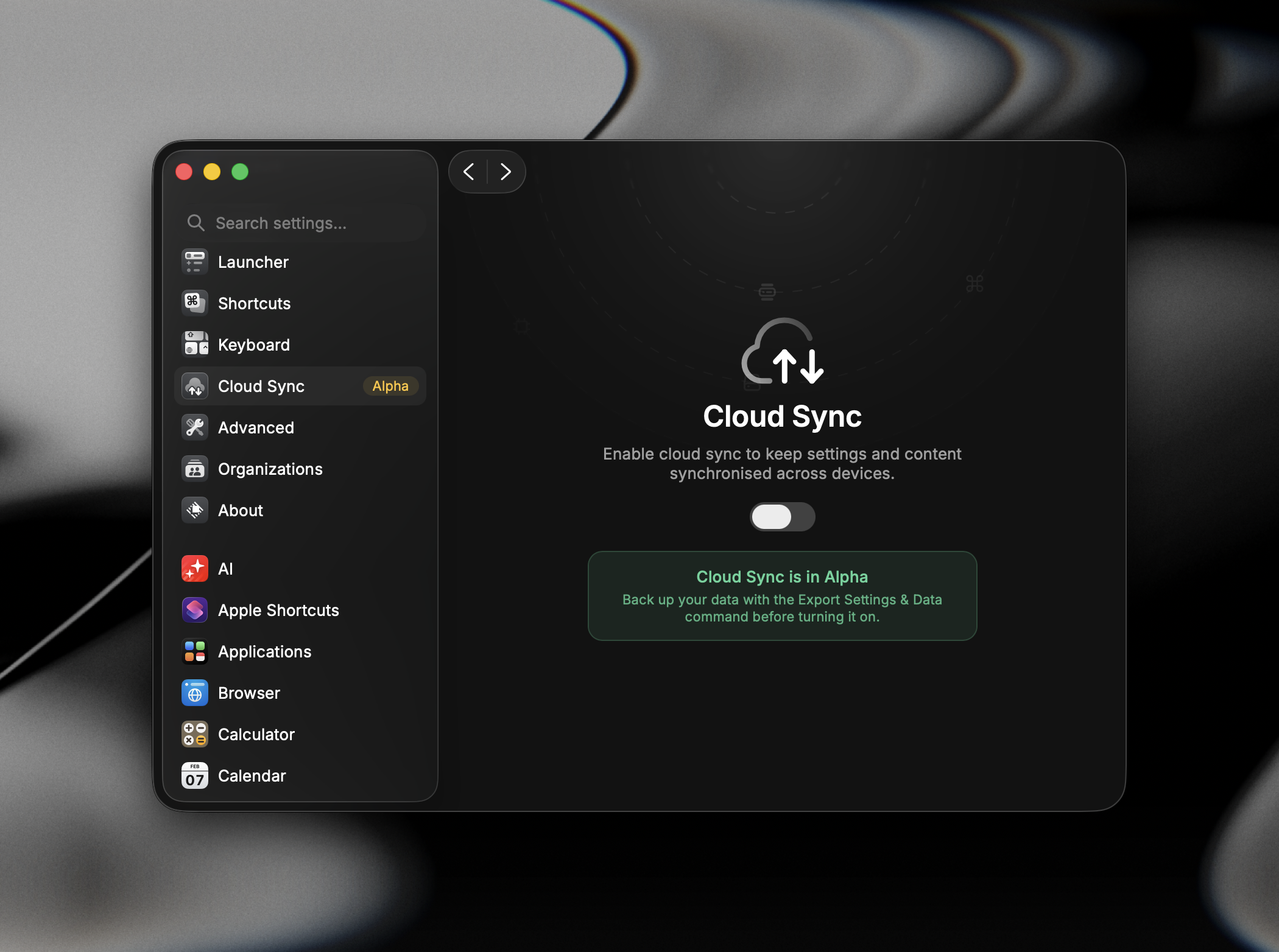 The Cloud Sync settings tab with the enable toggle turned off and the backup reminder