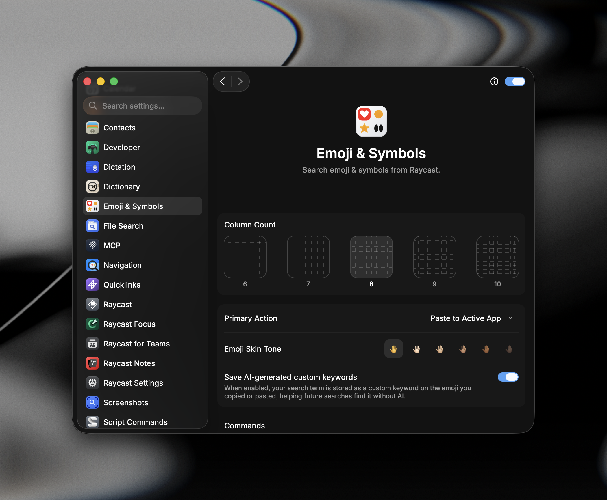 The Emoji & Symbols page in Settings