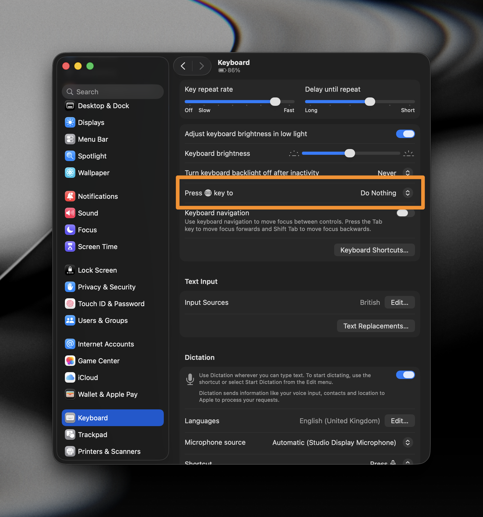 macOS Keyboard settings showing the fn key set to Do Nothing