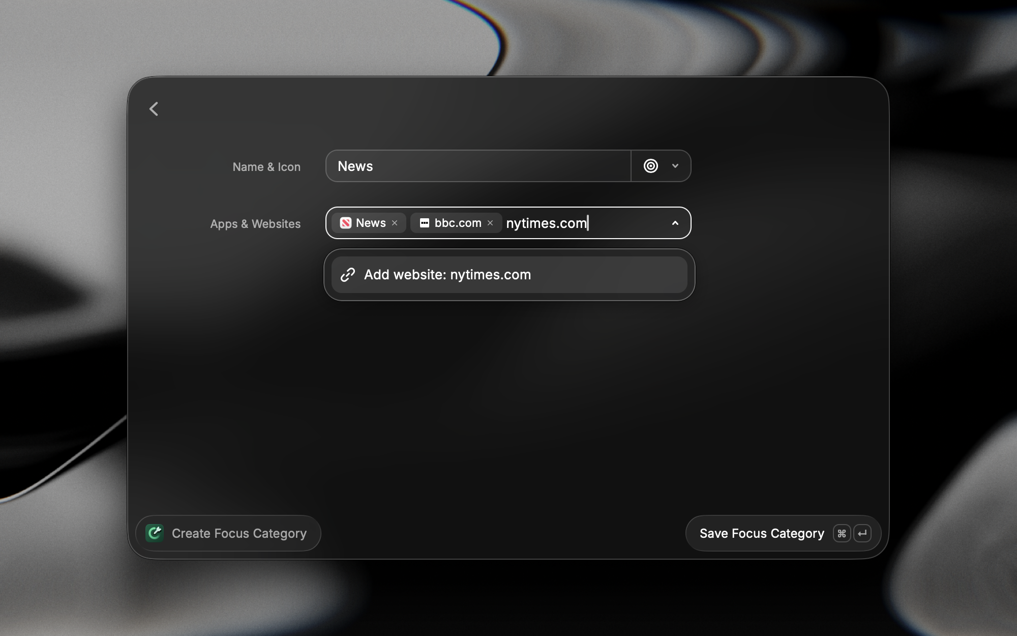 Create Focus Category form in Raycast showing a News category with apps and websites