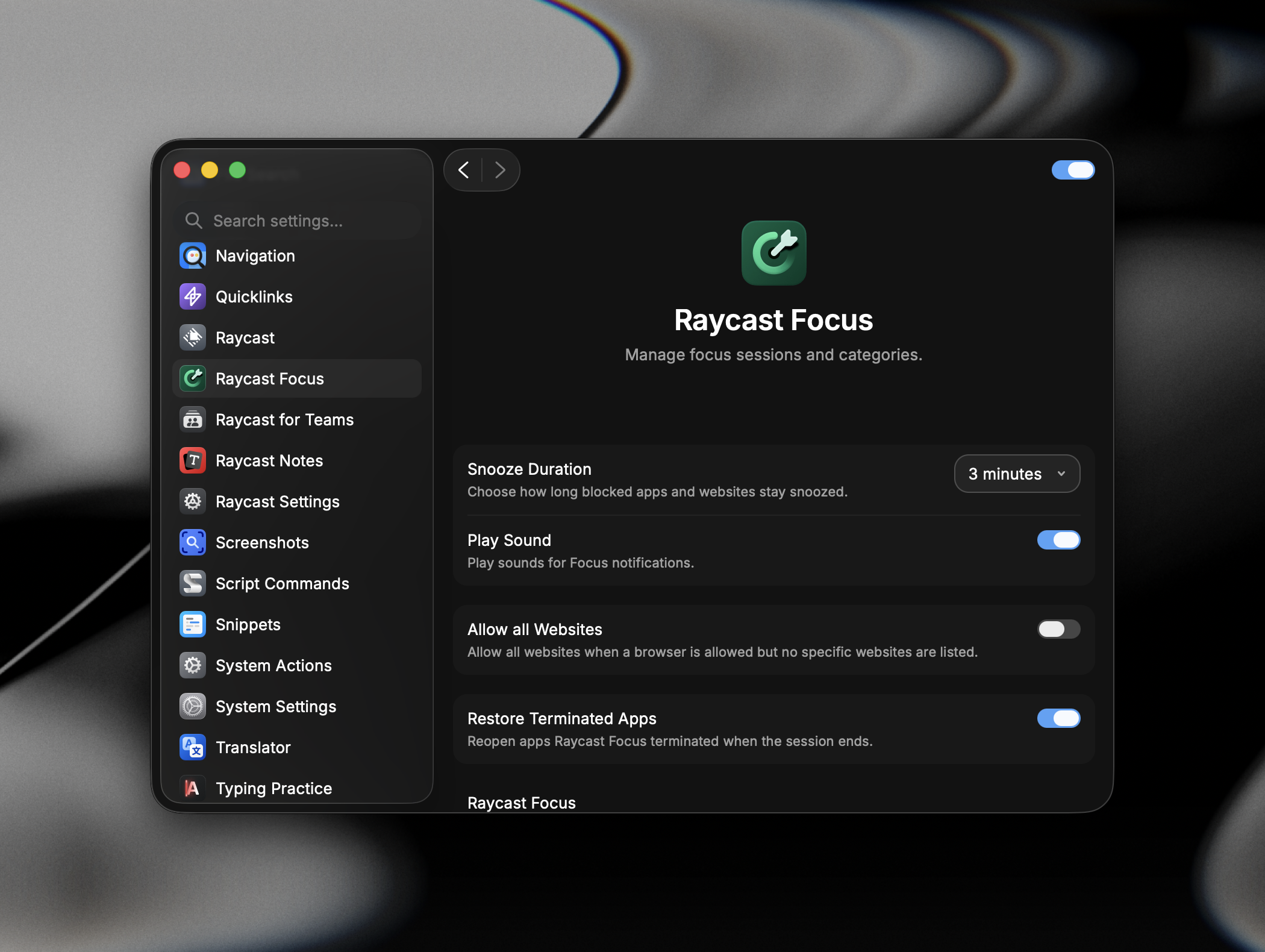 Settings showing Raycast Focus options including Snooze Duration, Play Sound, Allow all Websites, and Restore Terminated Apps