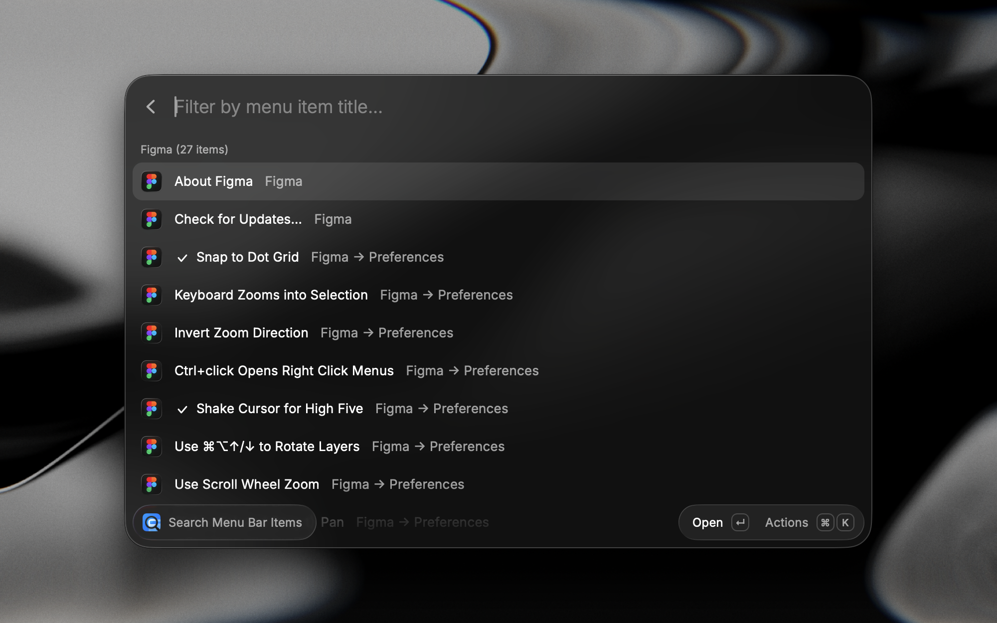 Search Menu Bar Items listing Figma's menu actions in Raycast, with each item showing its menu path