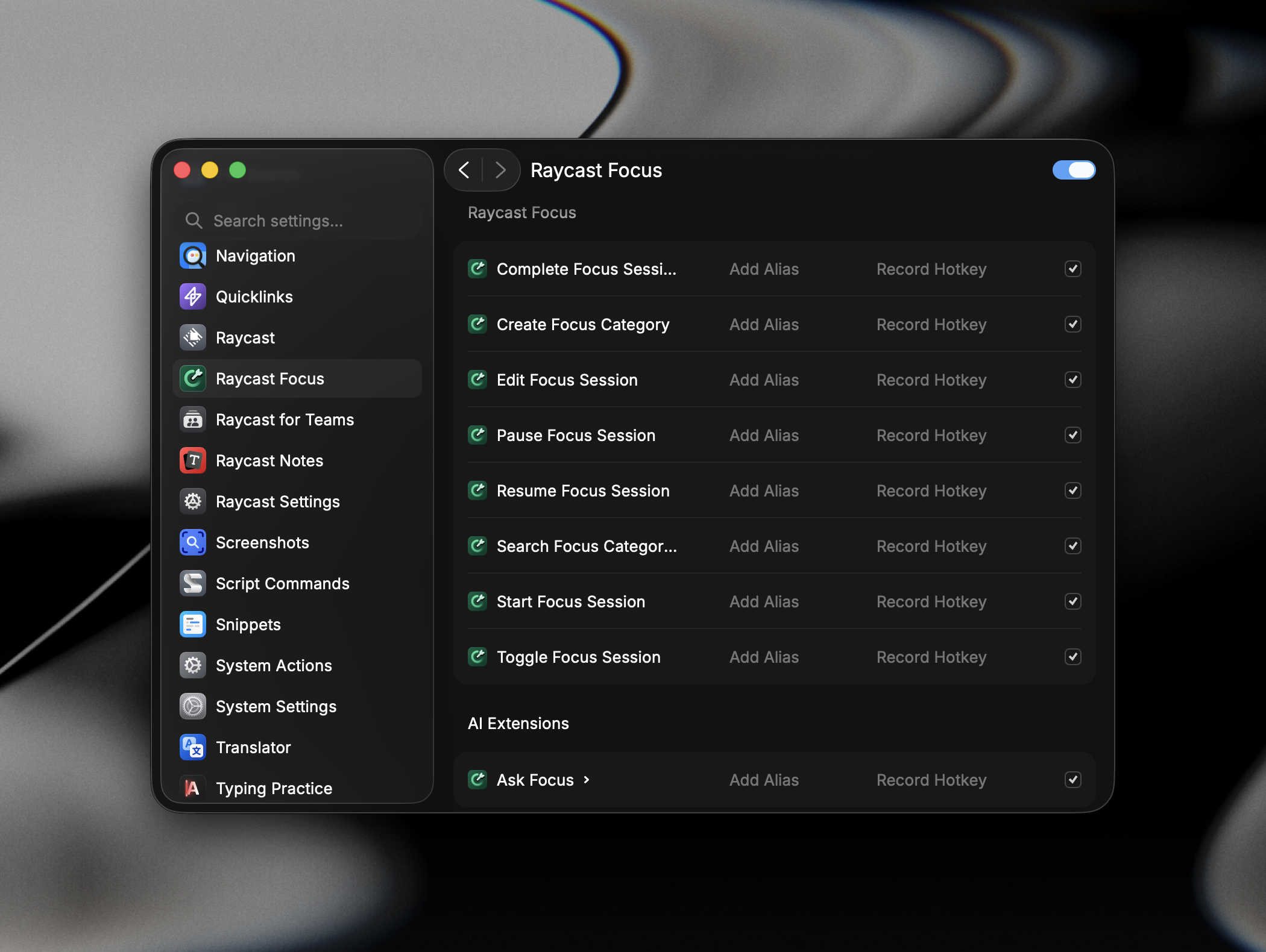 Settings showing Focus commands with alias and hotkey options