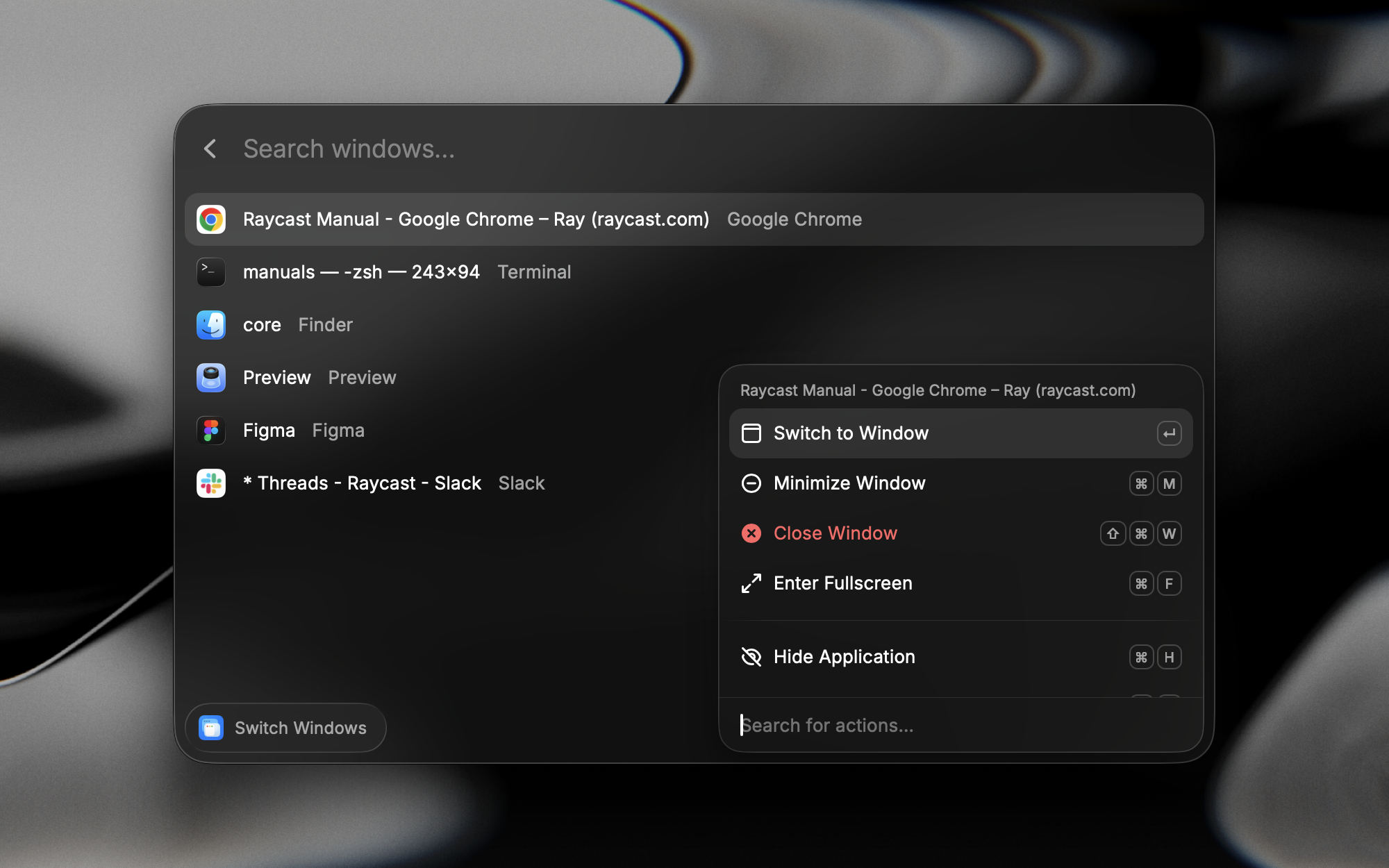 The Action Panel open on a Google Chrome window in Switch Windows, showing Switch to Window, Minimize Window, Close Window, Enter Fullscreen, and Hide Application actions