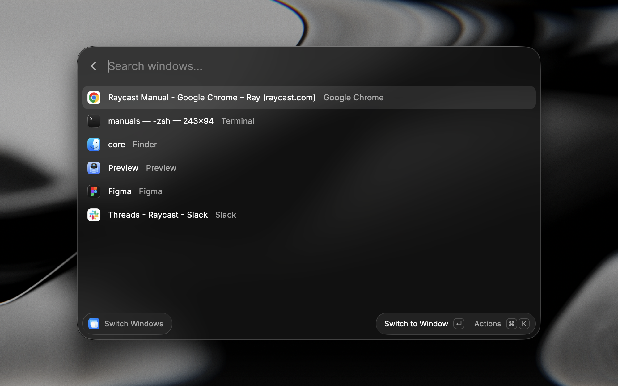Switch Windows in Raycast listing open windows from Google Chrome, Terminal, Finder, Preview, Figma, and Slack