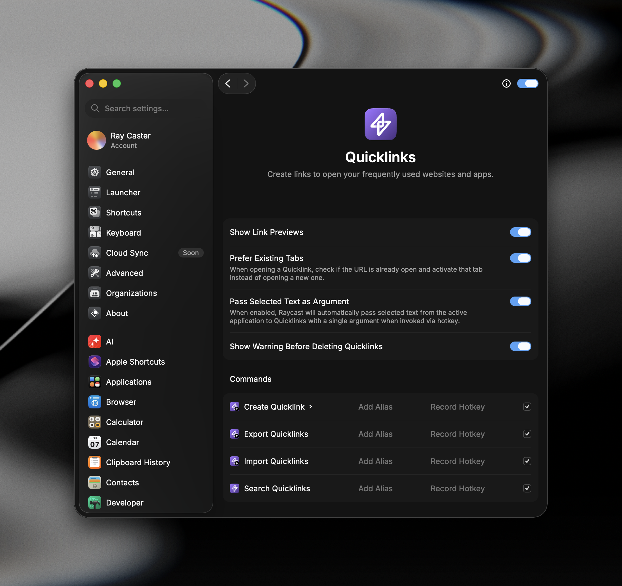 Settings open to the Quicklinks page