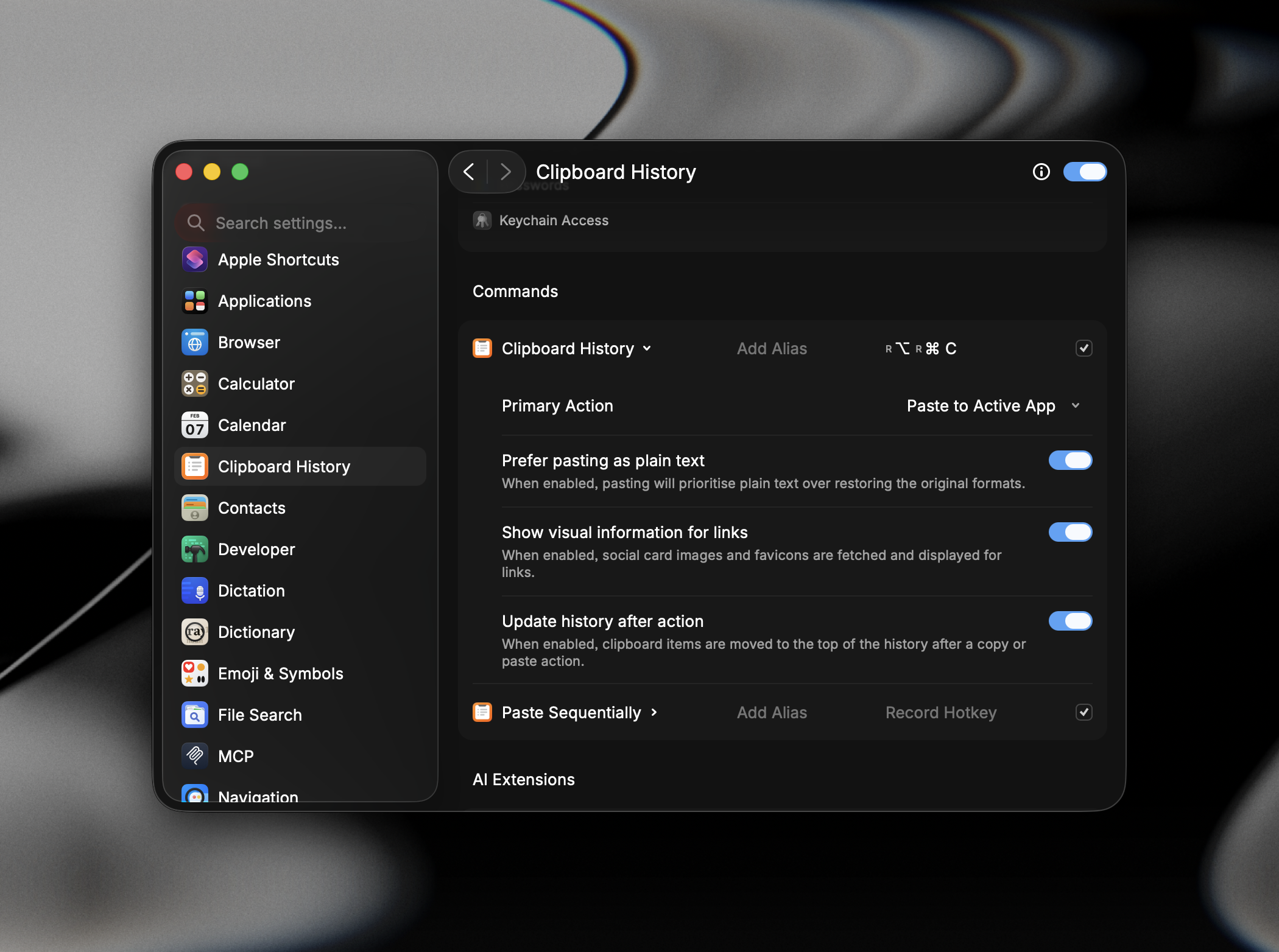 Clipboard History commands settings