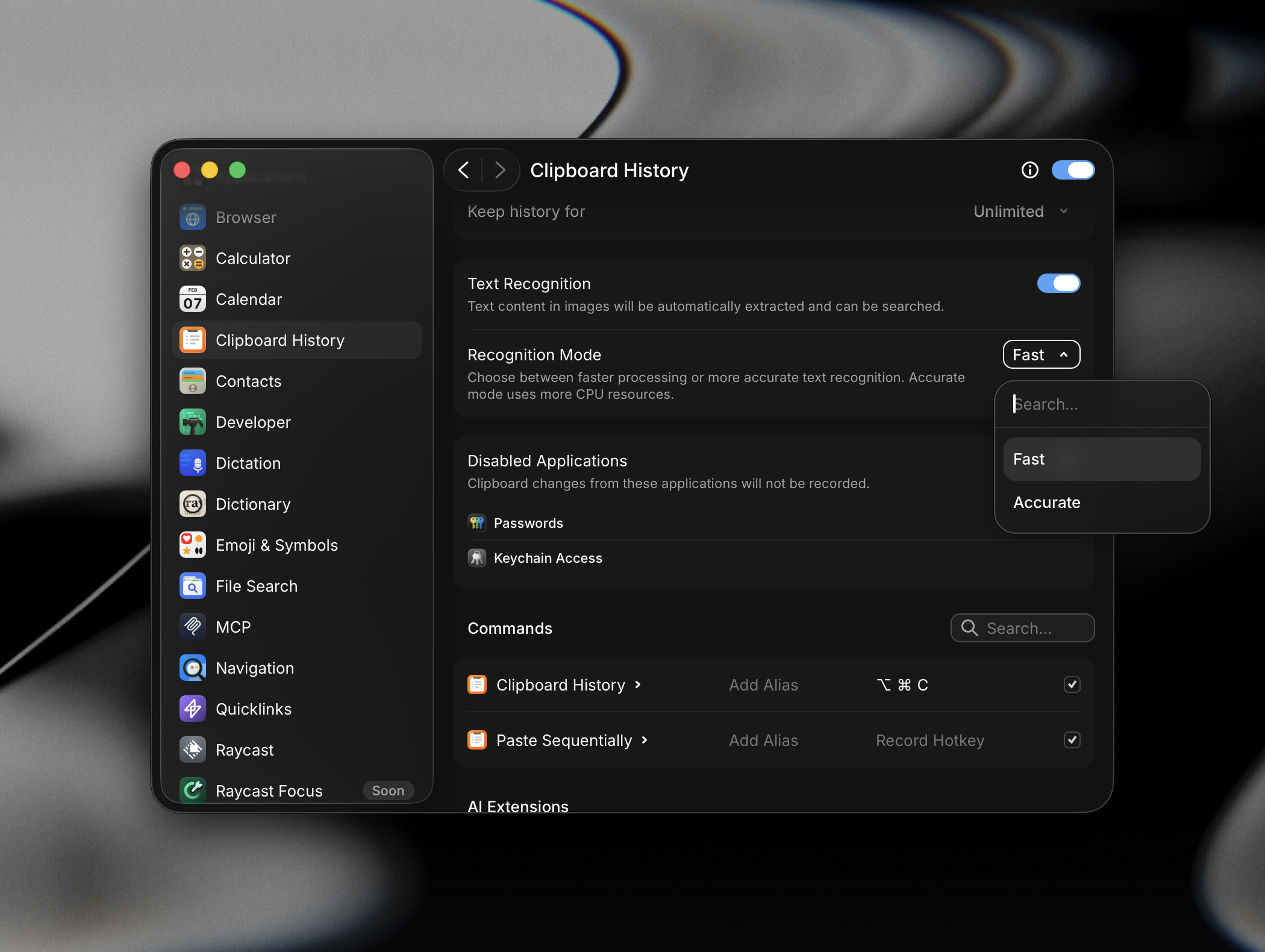 Recognition Mode options