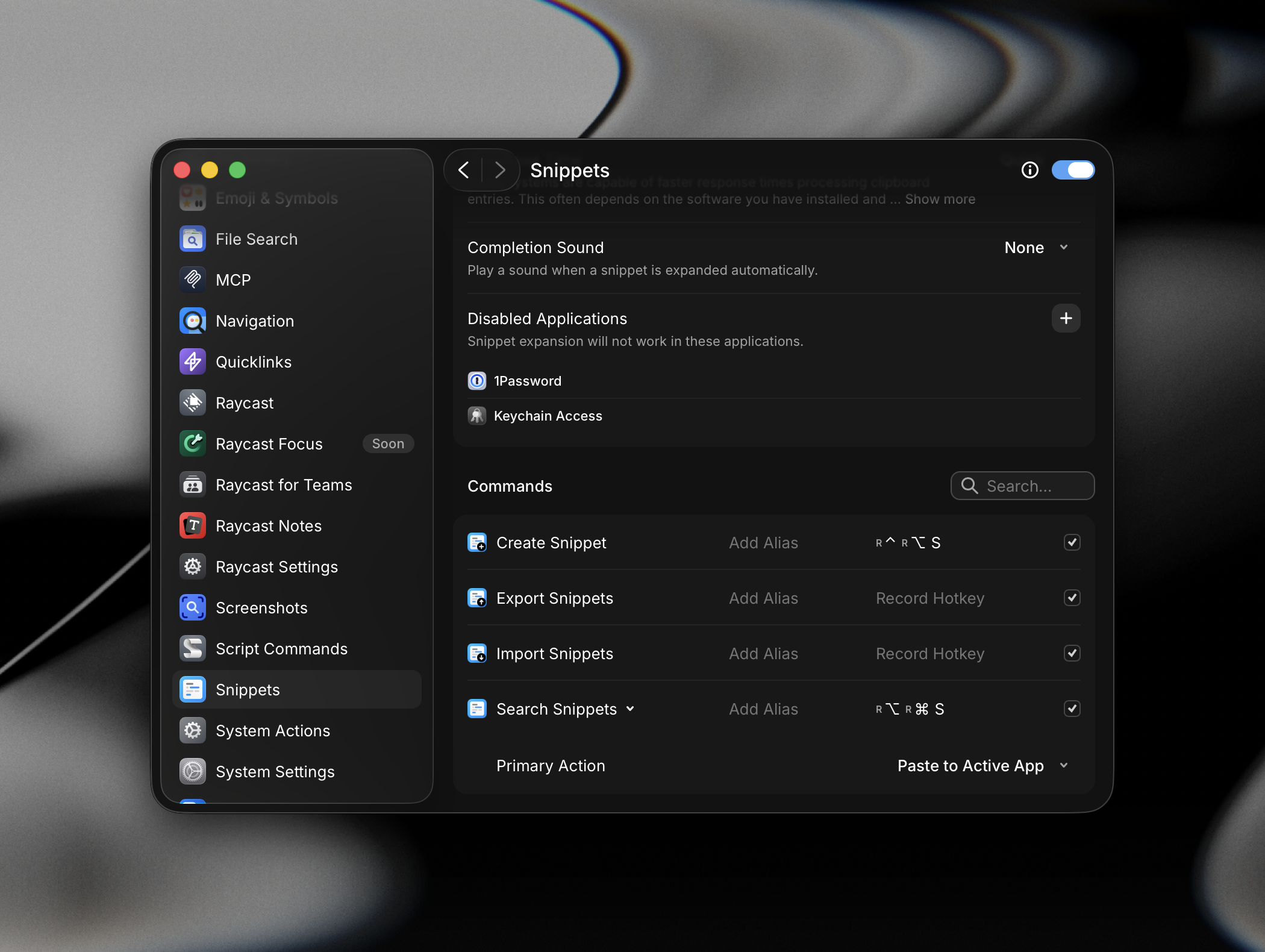 Snippet commands settings