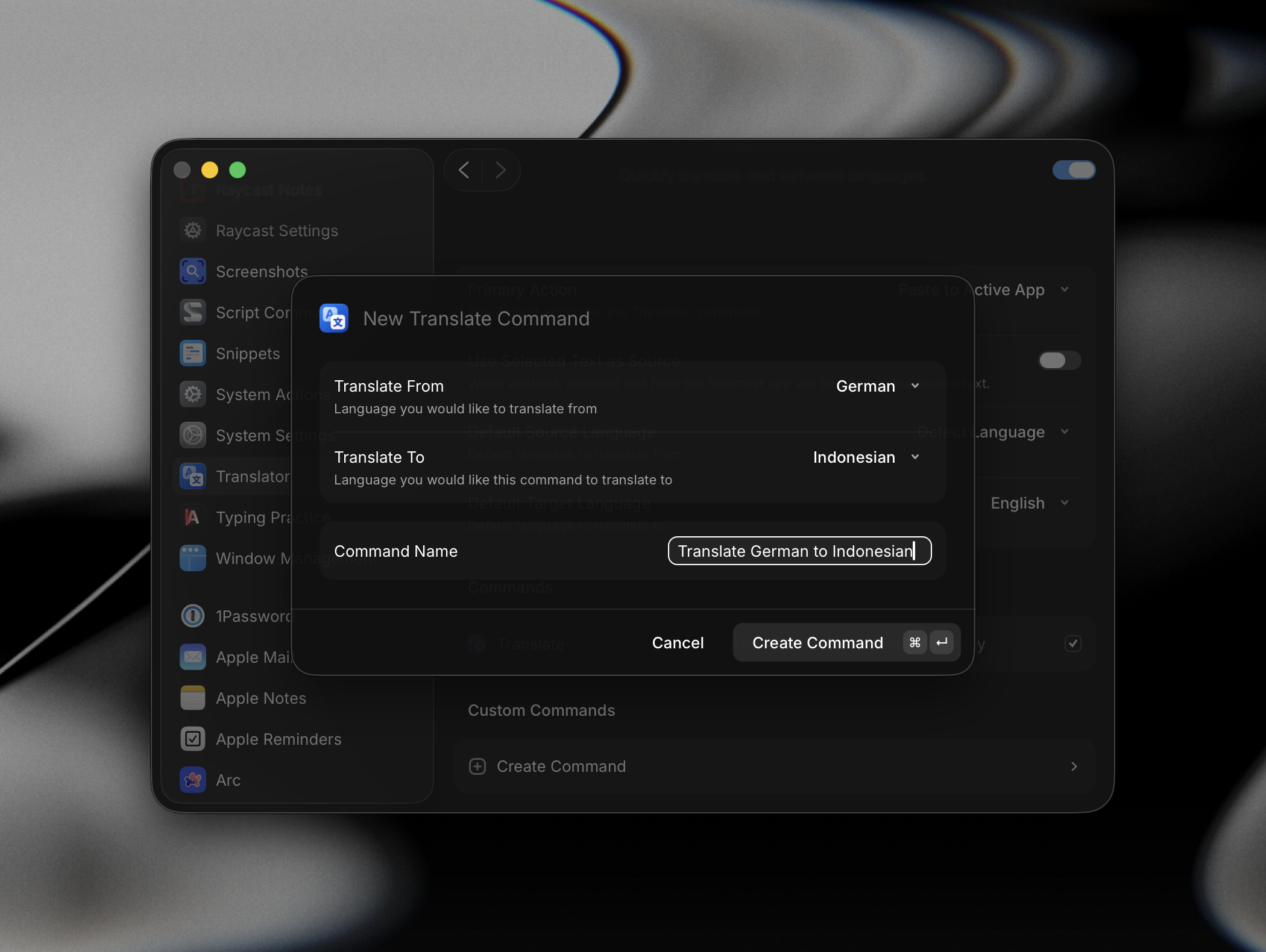 New Translate Command dialog