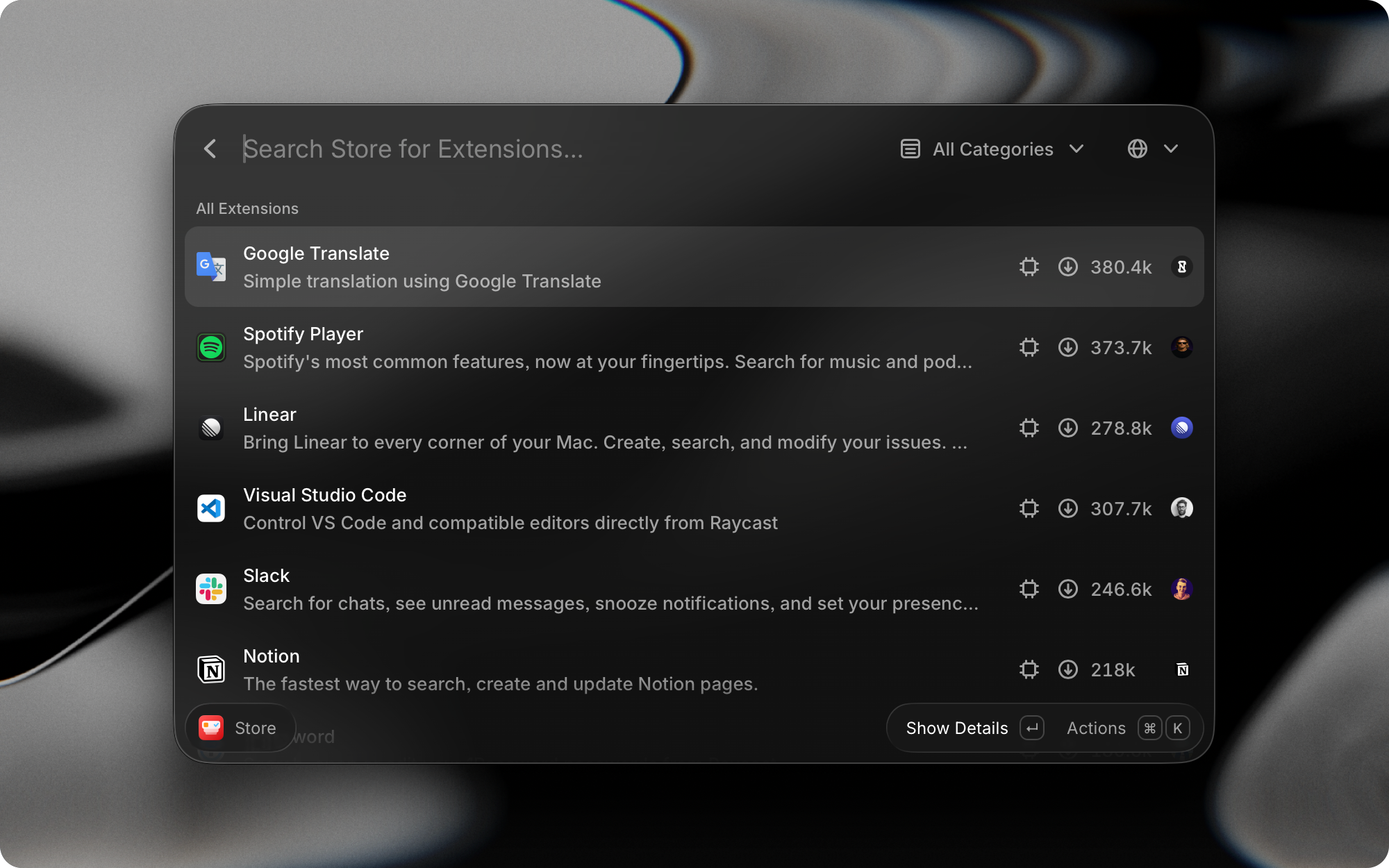 Screenshot showing the Store extension in Raycast