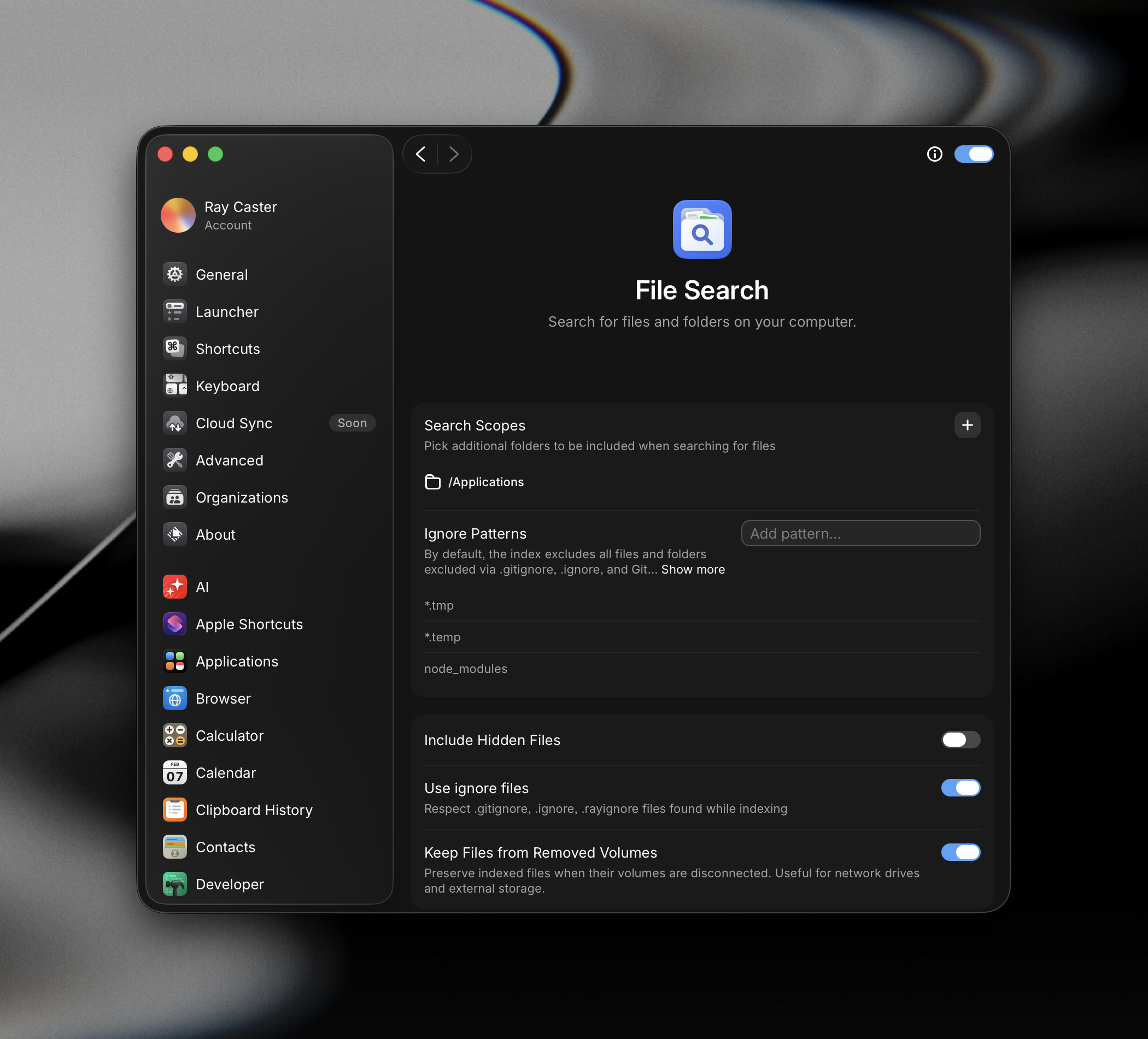Settings showing File Search extension