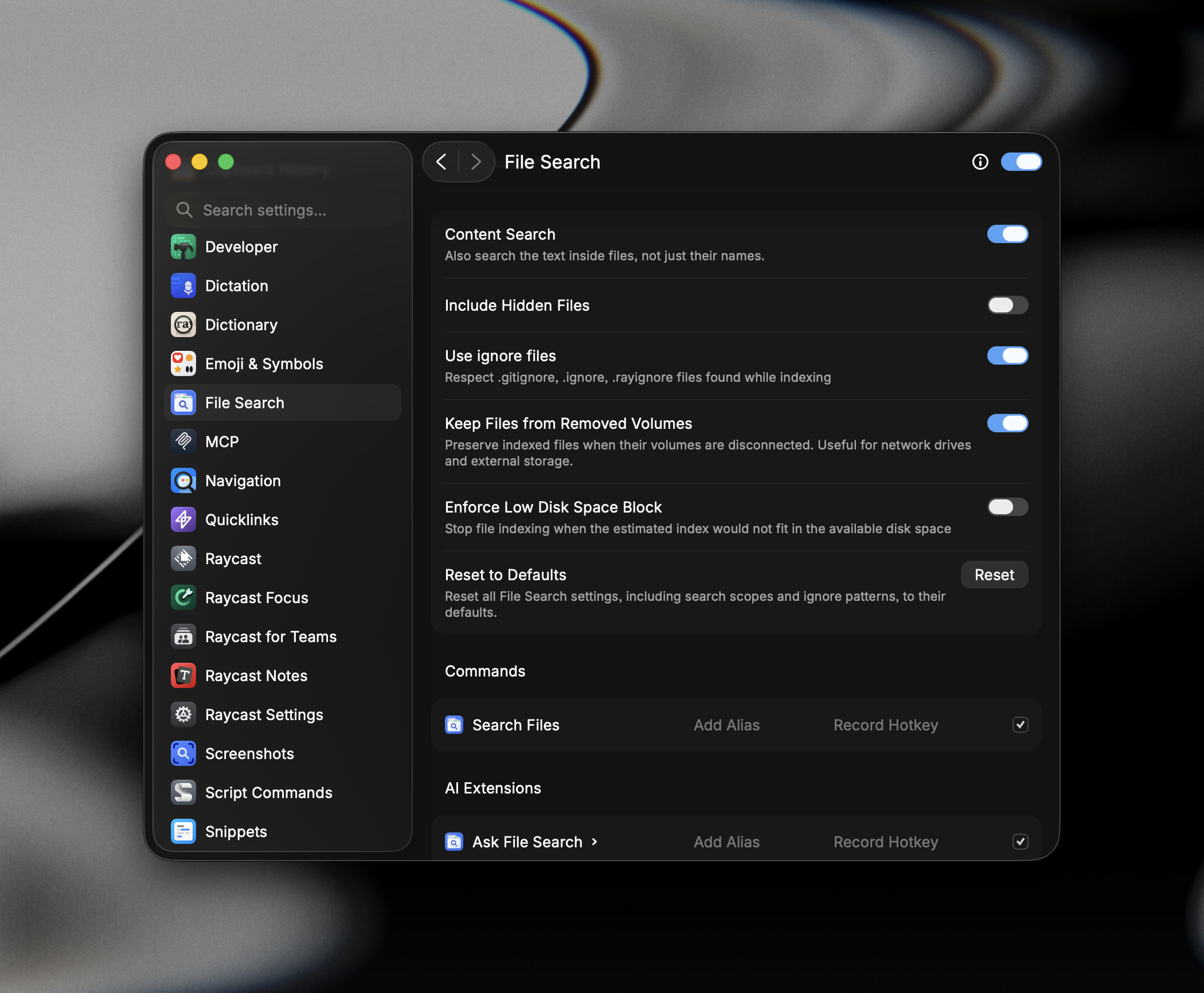 Content Search toggle in Settings → File Search