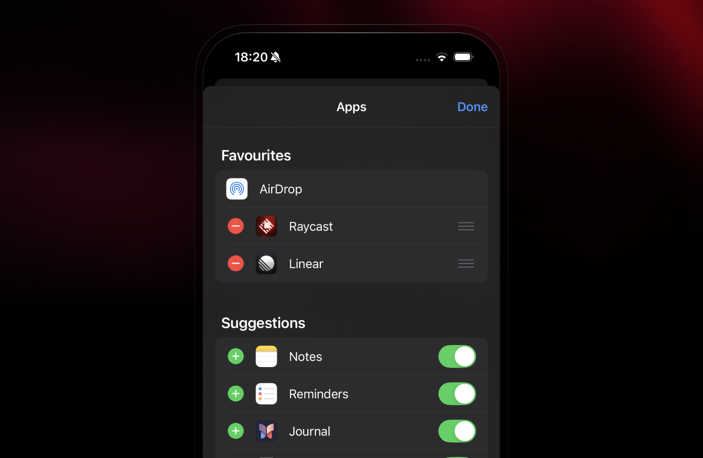 Pinning Raycast to favorites in the iOS share sheet