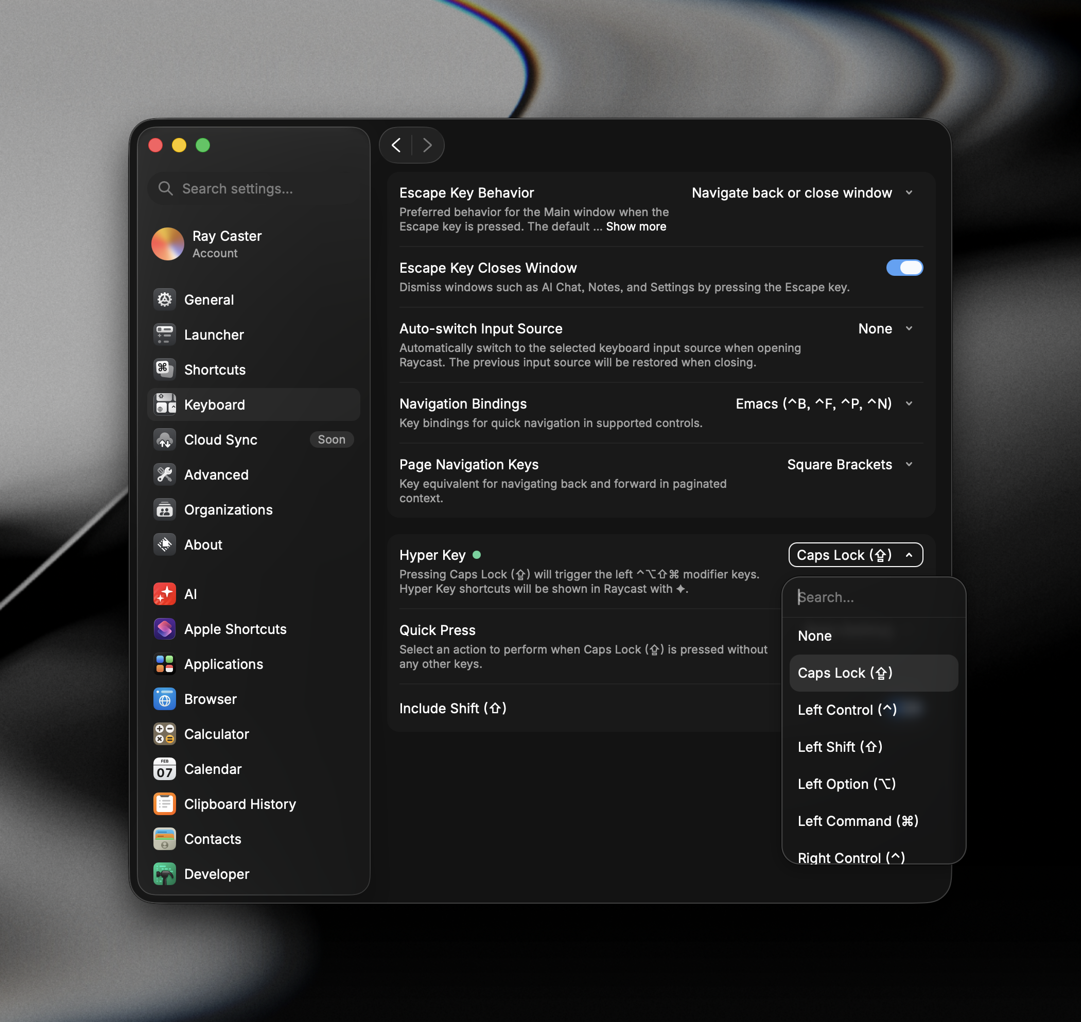 Hyper Key settings in Raycast, showing the key picker and available options