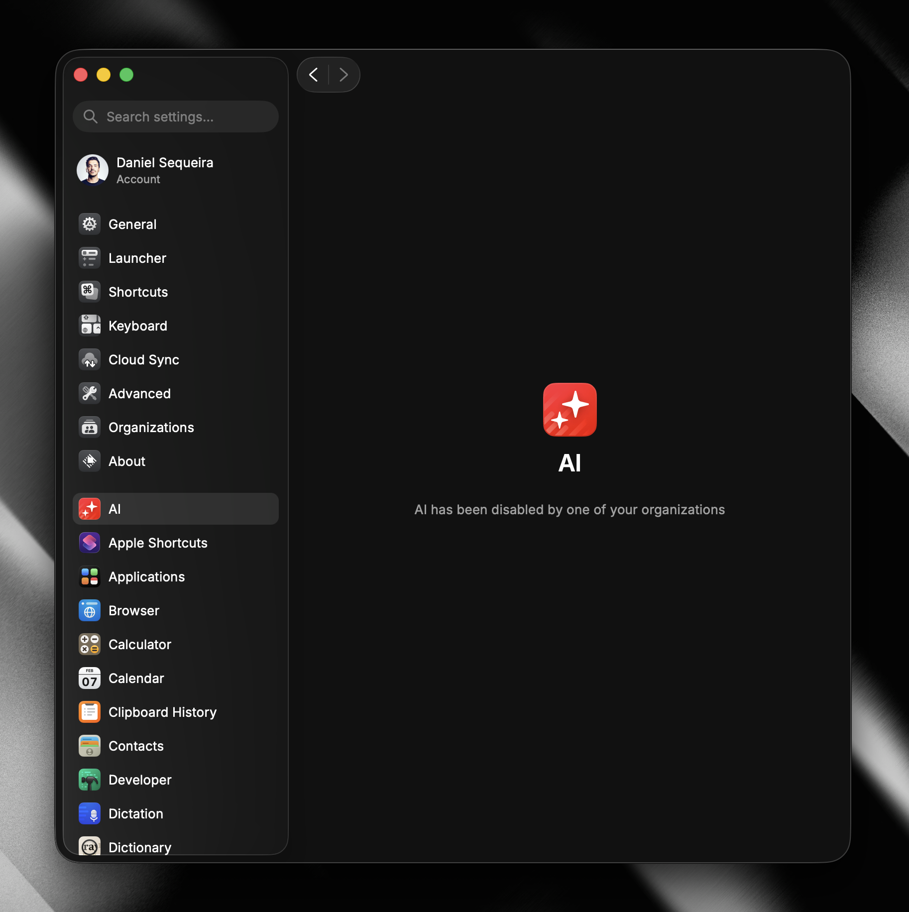 Raycast AI features disabled in client settings
