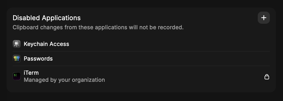 Clipboard History Disabled Applications in Raycast client settings
