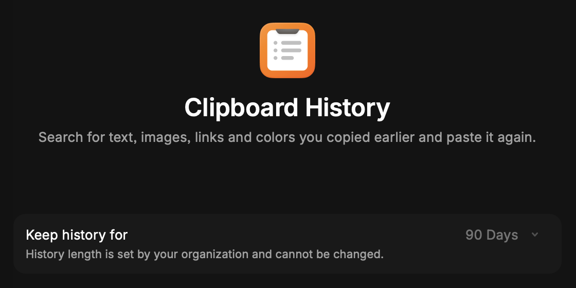 Clipboard History Retention in Raycast client settings