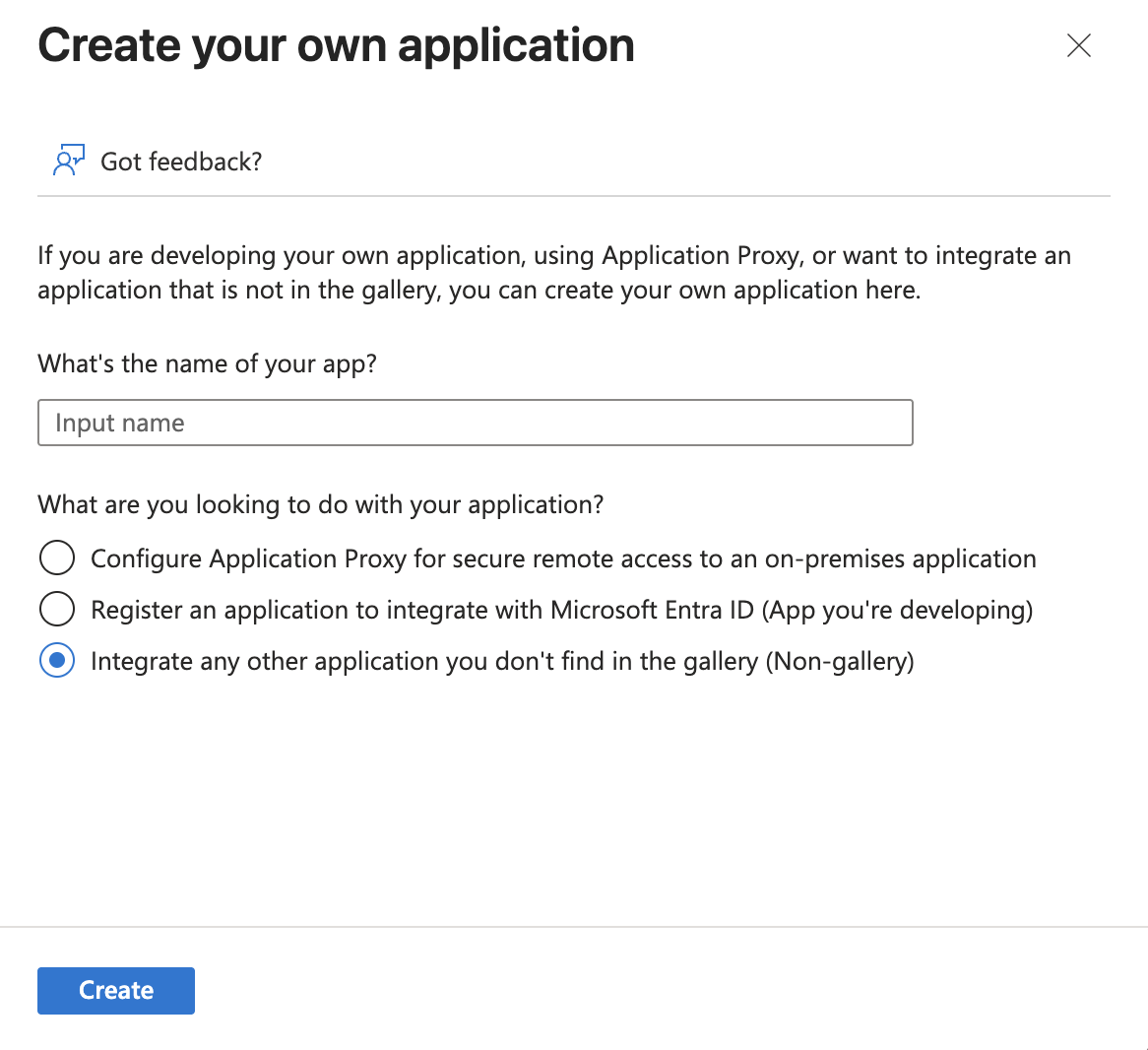 Microsoft Entra ID create your own application dialog for Raycast