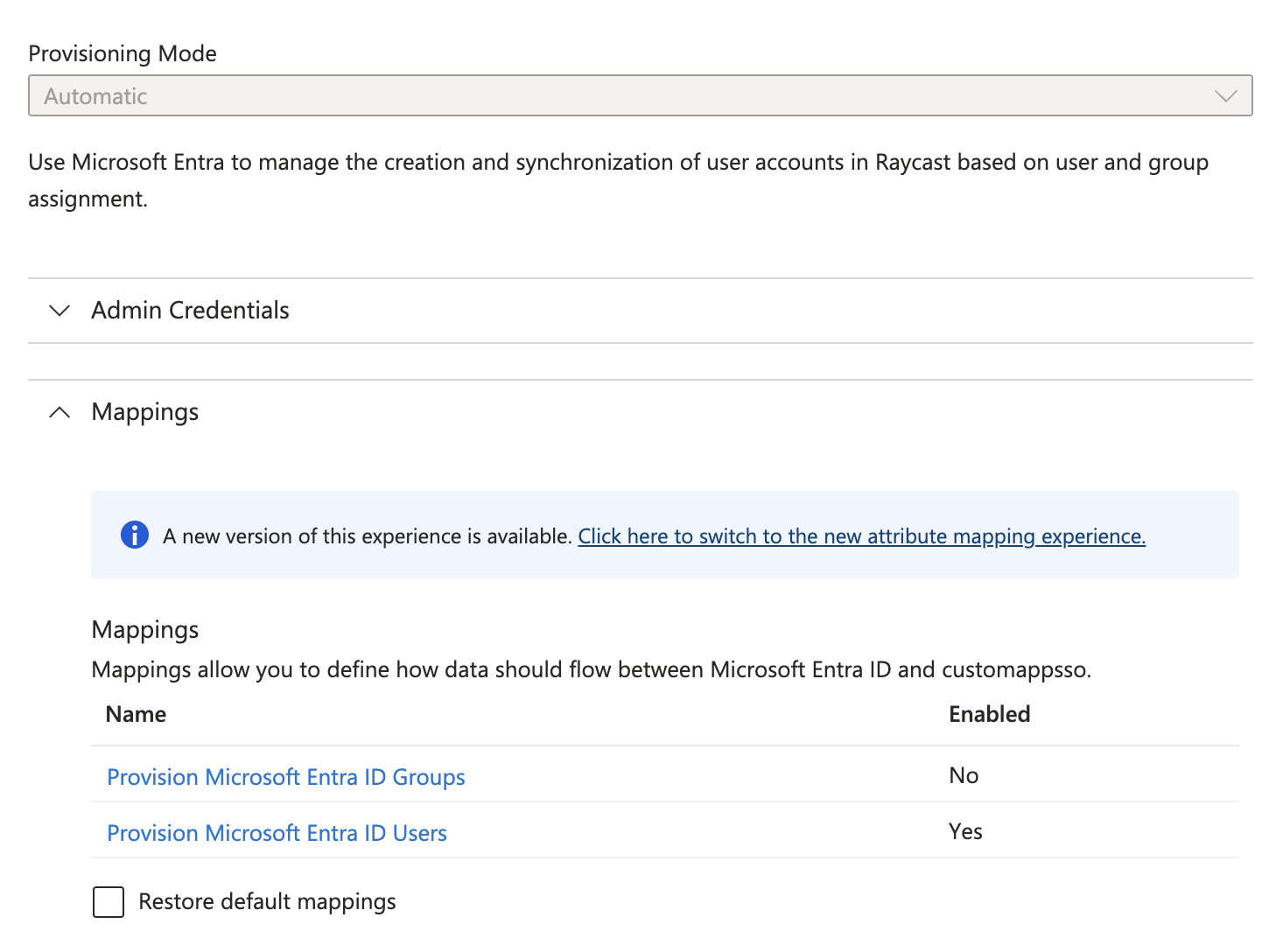 Entra ID provisioning Mappings section with user provisioning enabled and group provisioning disabled