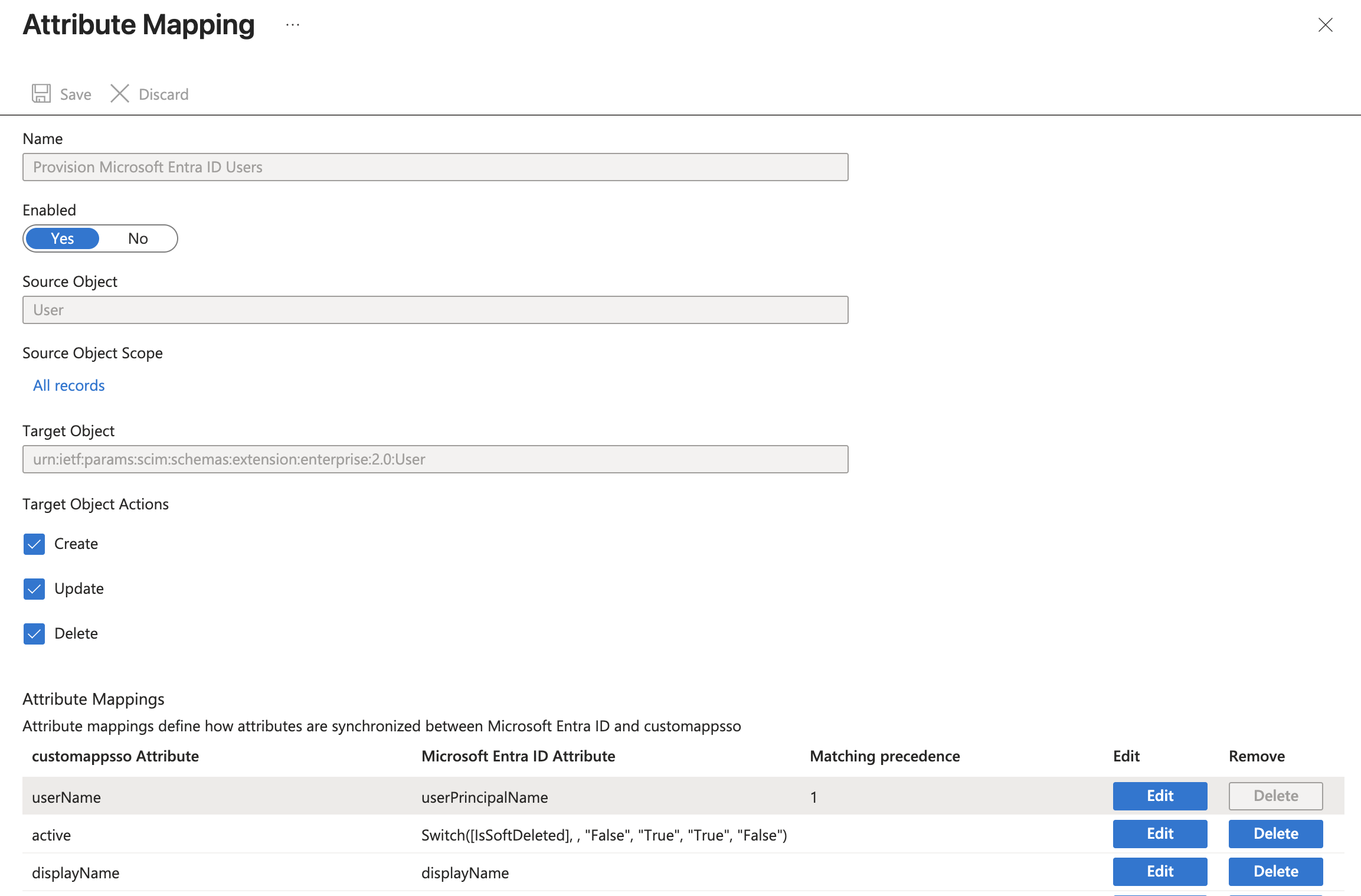 Entra ID attribute mapping for users with the userName to userPrincipalName match and all target object actions checked